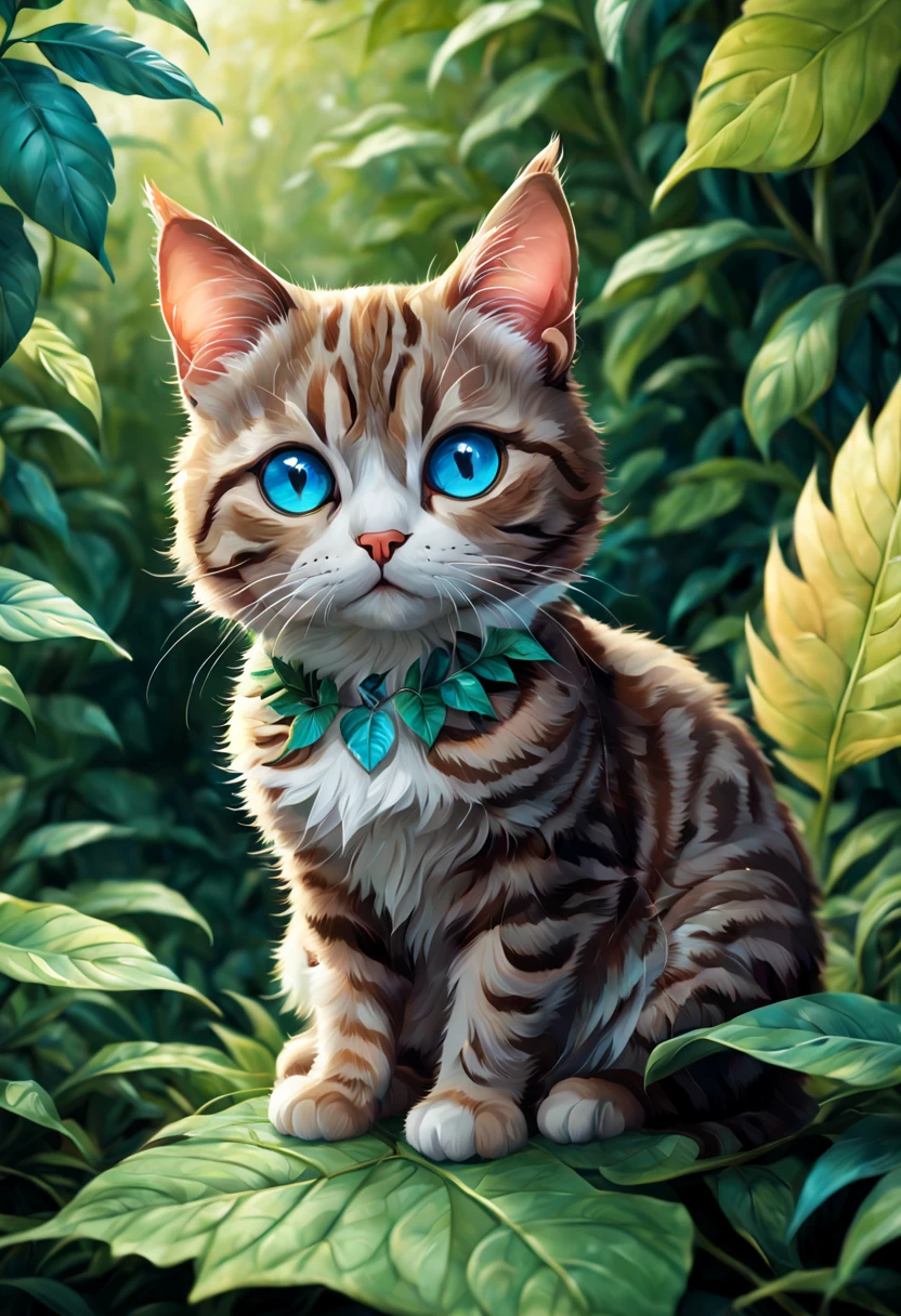 A blue-eyed tabby cat sits on a leaf, cute detailed digital art, Adorable Digital Painting, Cute digital art, cute detailed artwork, 4K highly detailed digital art, detailed fantasy digital art, beautiful digital works of art, realistic fantasy illustration, furry fantasy art, 4k detailed digital art, Beeple and Jeremiah Ketner, detailed painting 4 k, detailed fan art