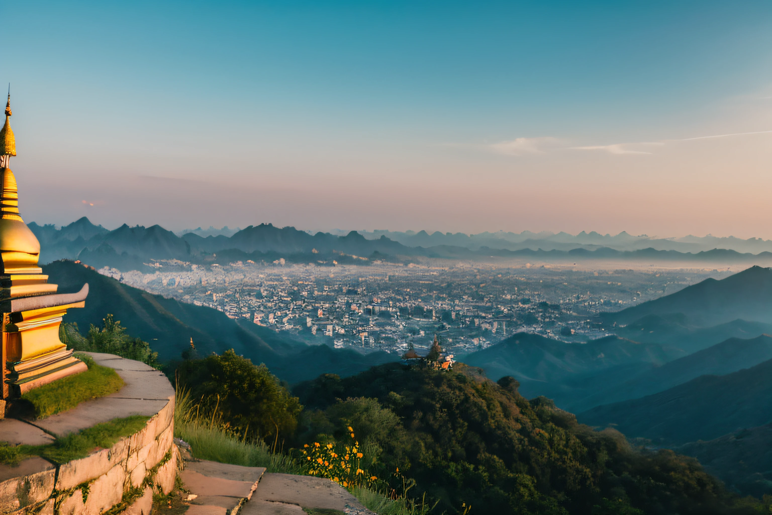 Myanmar mountaintop overlooking the town in the distance