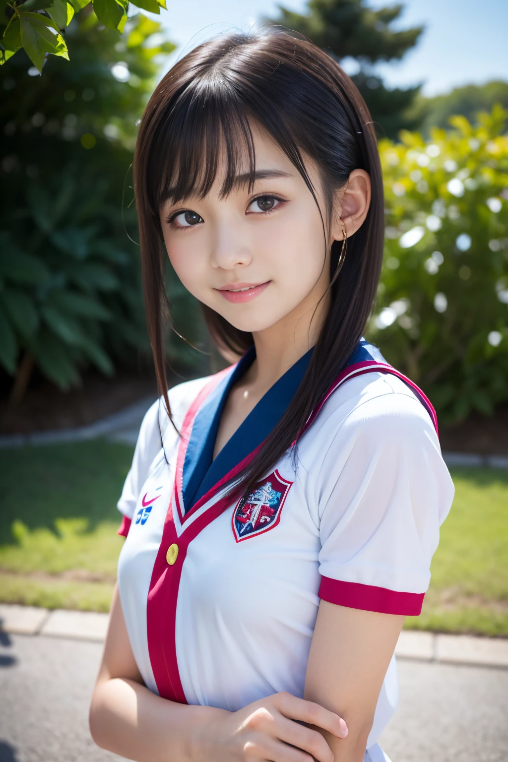A 14-year-old Japanese girl with a very cute idol-like face.。Gentle and cute。Please smile kindly。She is a cheerleader at school　Cheerleader uniforms are bikini style and expose cleavage.　Large Bust　Full body portrait　I support the game　RAW Photos　Genuine　Genuine　High resolution　Genuine life　No copyright notice