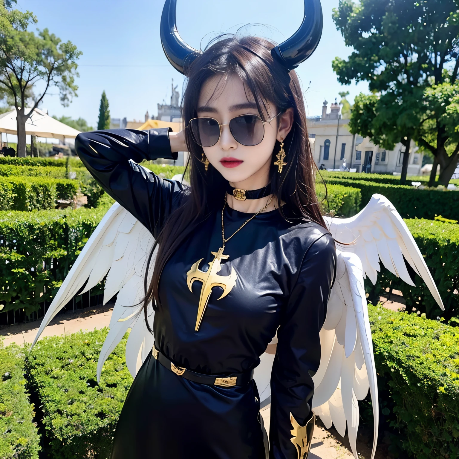sunglasses, 1 girl with jesus, gold dress, wings, black wings, angel, halo, demon horns, standing on the garden, choker, midget, super villain, stand, look at the viewer, cross necklace, earrings, jewellery, jesus, jesus christ, cross tatto, sunglasses