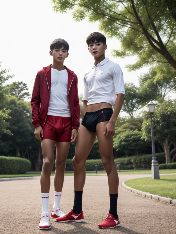  teenagers , very young , light-skin , wearing an dark red sexy underwear, tmasterpiece，k hd，the feet，Transparent sports vest，semi transparent，black long socks，The barefoot , red colour , handsome and cute , extreme cute boy , white skin , dark red underwear boxers shorts , extremely tall and cute boy ,oppa model , handsome model , full body , dark red boxers underwears short shorts , black socks , white light-skin , Chinese model , young boy , white skin , handsome and extremely cute , red boxers underwear shorts , long black socks , handsome model , at the park , jogging , model oppa , long legs , jogging , running , high knee black socks ,black  long socks , stand up , extremely tall , extremely high , red underwears , red sports underwear , long black socks , clean and white legs , Chinese model , extremely long legs , looking at the camera , clean and white thigh , huge bulge , kid face , b , wearing red underwears boxers , light and white skin , red undies , two different height boy , height gap , out grown , towering boy and shorty boy , growth spurt , towering boy , very very very tall boy beside very very very short boy