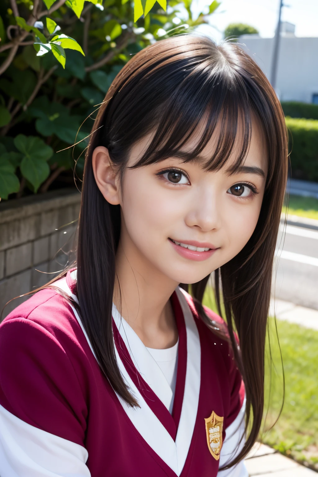 ((Best Quality, master piece, Ultra High Resolution, (Photorealistic:1.4), Raw photo)), full body Esbian, 1girl in, famous idol with Japan, , Athletics uniforms,Plumer、 Looking at Viewer, Very cute face, eyes gentle、Very beautiful black hair, Long bob hair、Detailed face, Detailed eyes, detailed hairs, A girl with a neat and pure image, A smile、