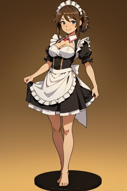 A beautiful barefoot cheerful young woman wearing an anime-style maid costume.