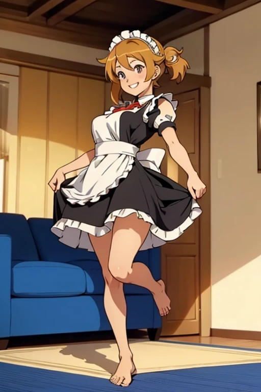 A beautiful barefoot cheerful young woman wearing an anime-style maid costume.