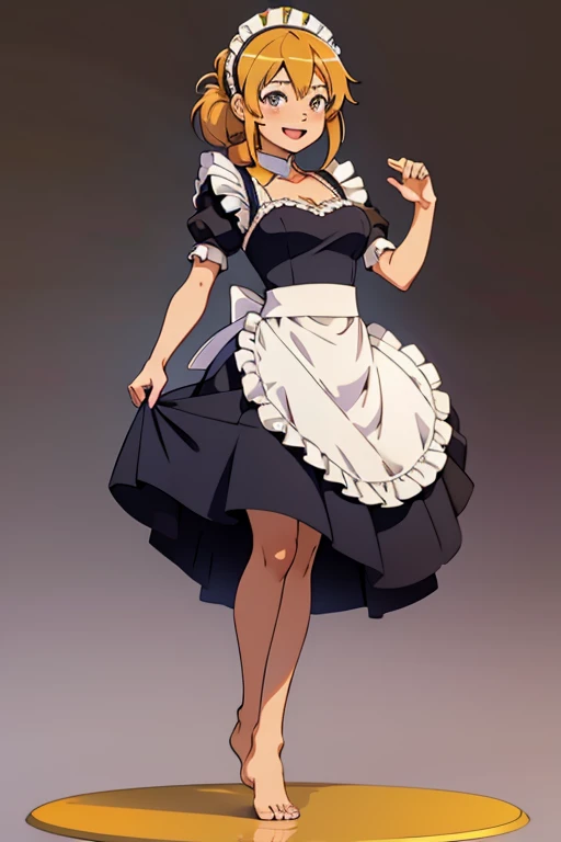 A beautiful barefoot cheerful young woman wearing an anime-style maid costume.