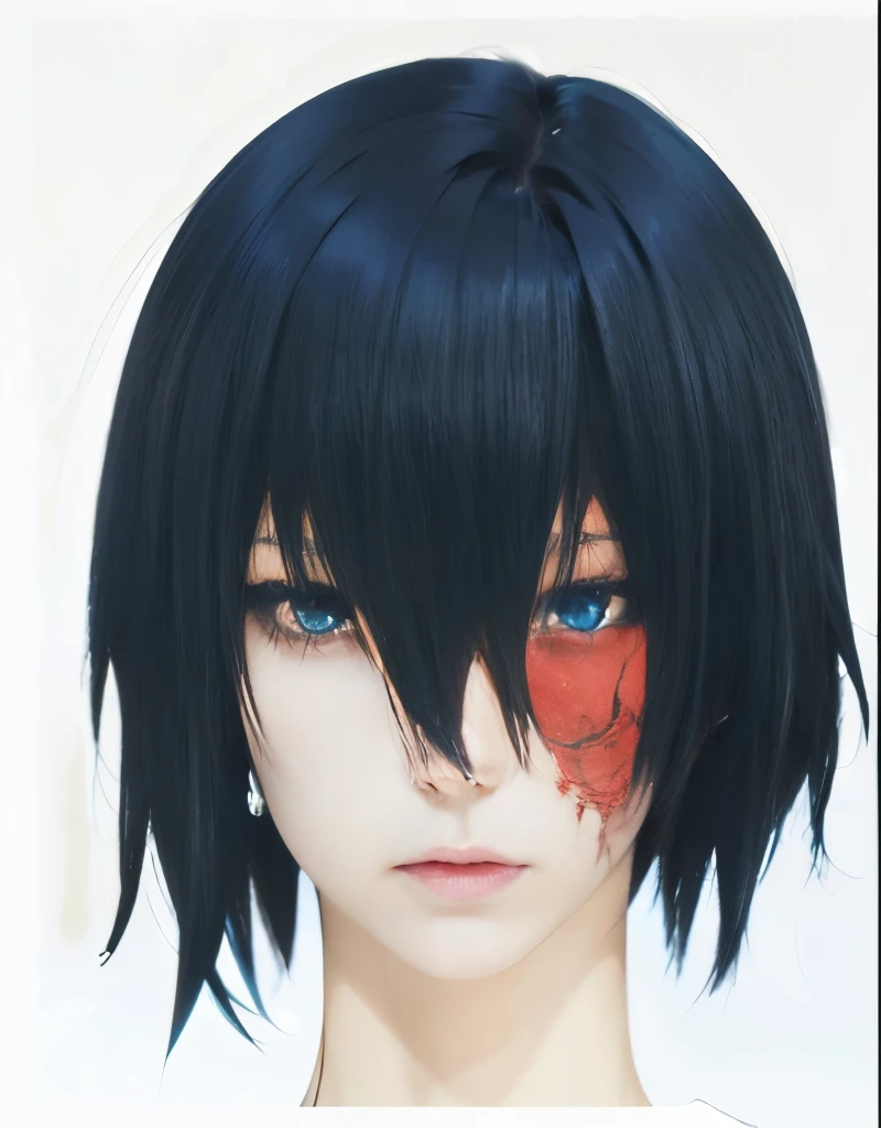 Anime-Junge mit schwarzen Haaren und blauen Augen, der in die Kamera starrt, Sui Ishida mit schwarzen Haaren, Fubuki, als Anime-Charakter, Big anime guy with blue eyes, Male anime character, Semi-realistischer Anime, gapmoe yandere, von Jin Homura, inspiriert von Jin Homura, Okata Kazuto., Anime-Charakter, Perfektes Anime-Gesicht, mello from death note, burn scars