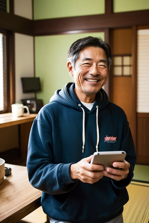 A smiling Japanese man in his 50s who is absorbed in his smartphone,inside in room,wearing hoodies,I have a smartphone