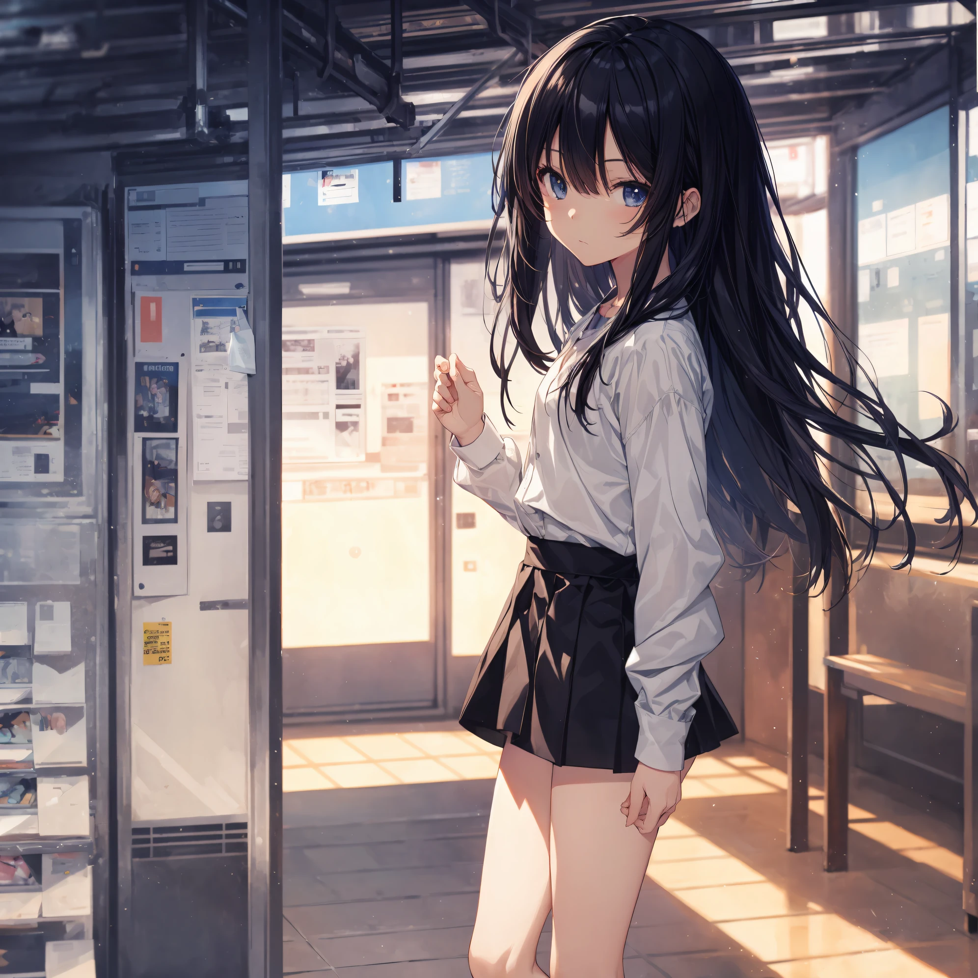 best god quality, Ultra-detailed, anime moe art style,Best Anime 8K Konachan Wallpapers,Pixiv Contest Winner,Perfect Anatomy, (Draw a girl sleepily walking to school. ),BREAK, 1girl is a cool beautiful girl, (Solo,Lori,child,13years:1.3),a junior high school student, Androgynous attraction, (Center part very short hair),hair messy, Forehead, Full limbs, complete fingers,flat chest, Small butt, groin, Small eyes,Beautiful detailed black eyes,Well-proportioned iris and pupils,disgusted eye, School uniform, Skirt,On the way to school. BREAK,High resolution,super detailed skin, Best lighting by professional AI, 8K Illustration,
