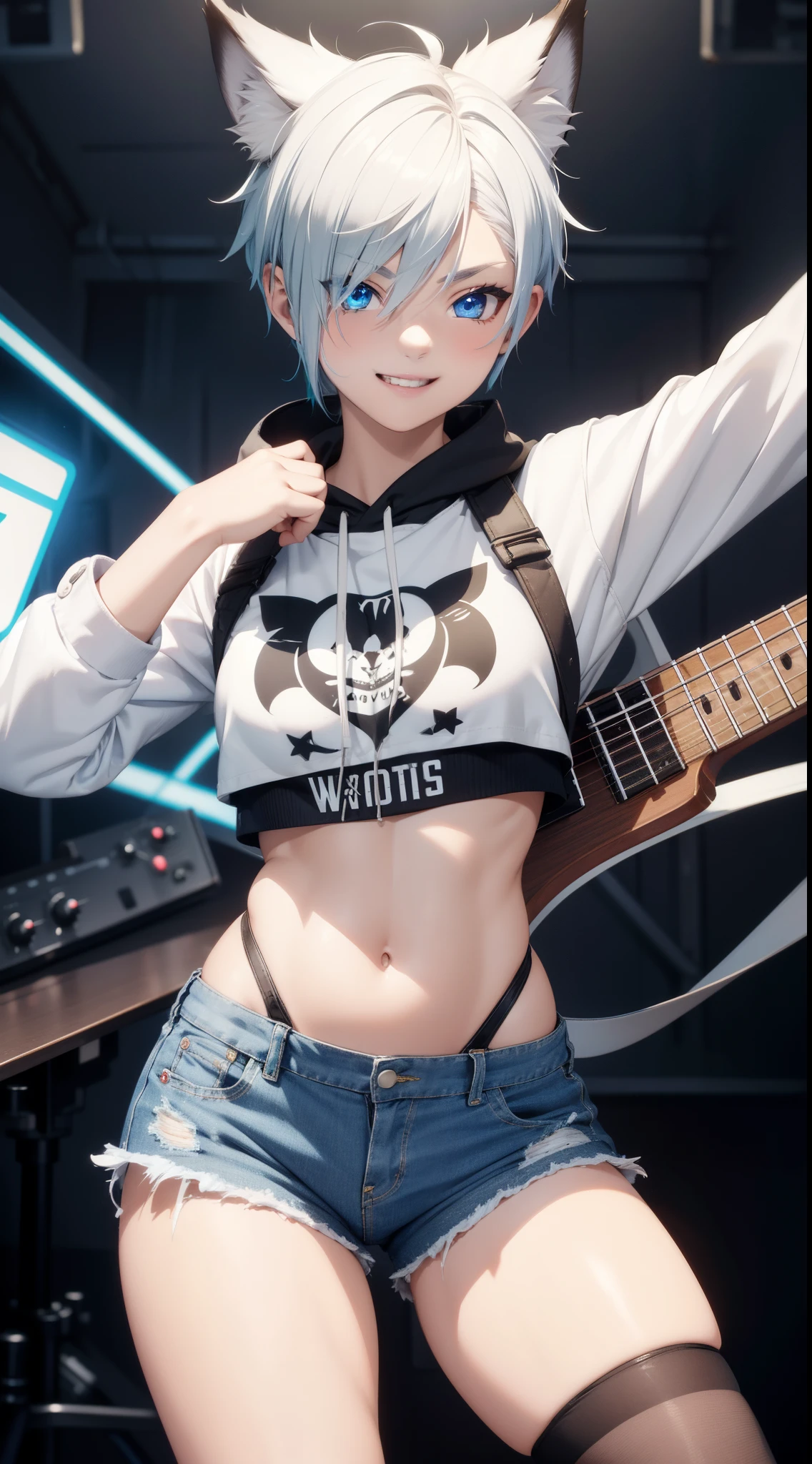 Masterpiece, wide smile, feminine boy with short (white hair), punk hair style, half shaved hair style, (horny face expression), has wolf ears, had wolf tail, action pose, wearing denim short shorts and a cropped black hoodie, (playing on electro guitar:1.25), thick thighs, wide hips, wearing thigh high socks, solo, alone, no wolves, showing belly, has glowing blue eyes, flat chest