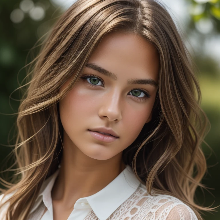 jp_style person, portrait of the beautiful teenage model, wavy brown hair with blonde highlights, deep green eyes, very tanned textured skin, puffed sleeved shirt, (8k, RAW photo, best quality, masterpiece: 1.2), (realistic, photorealistic: 1.37), ultra detailed, (high detail skin: 1.2), 8k uhd, DSLR, soft lighting, high quality, film grain, Fujifilm XTrofessional lighting