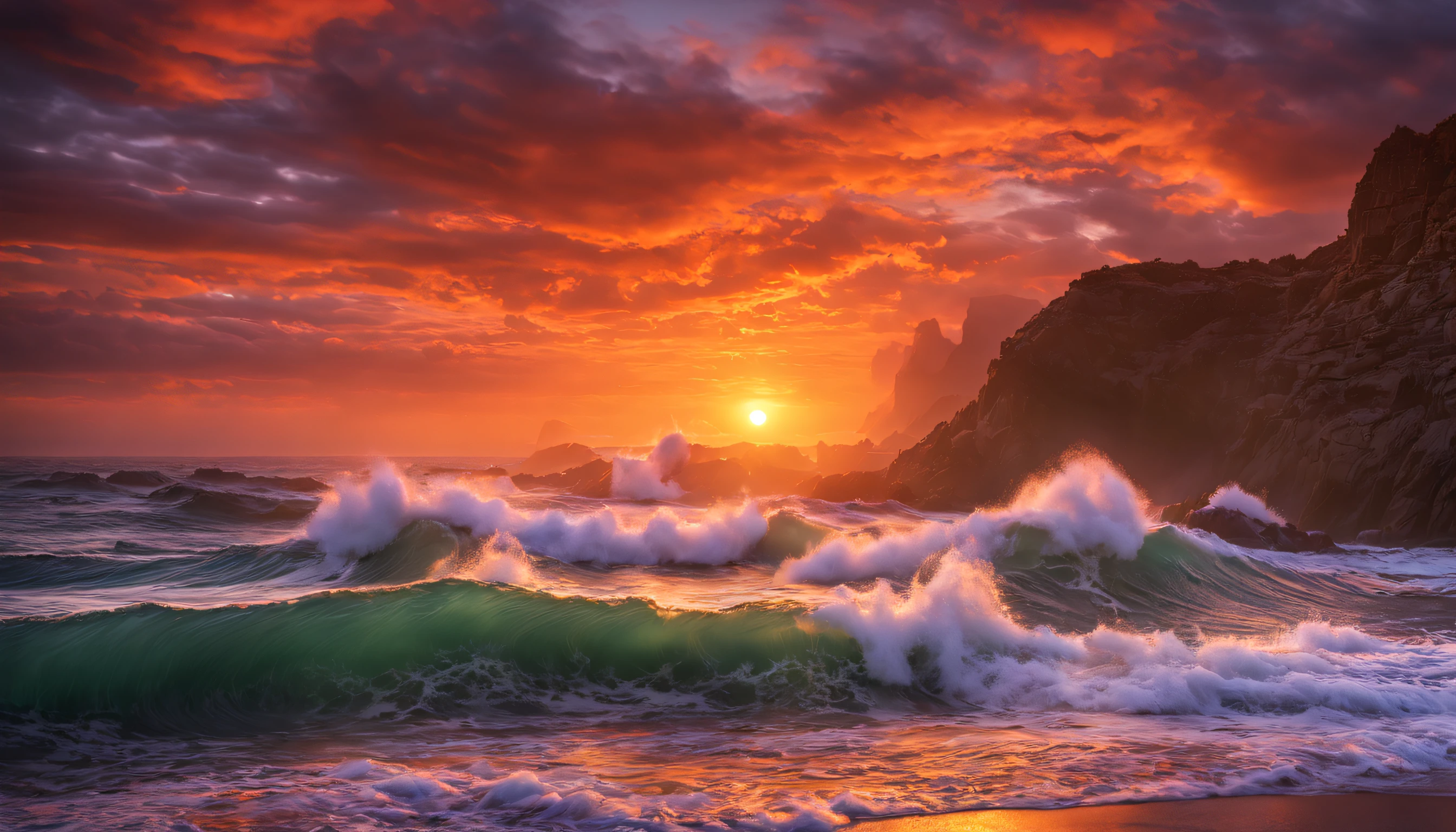 arafed view of a sunset over the ocean with waves crashing, chaotic sea setting, vibrant sunrise, breathtaking colors, breathtaking look, vibrant sunset, breathtaking composition, beautiful sea landscapes, stunning sunset, magnificent background, sunset glow, beautiful background, beautiful dreamy breathtaking, marc adamus, warm beautiful scene, epic sunset, beautiful sunset, beautiful sunset glow, beautiful ocean