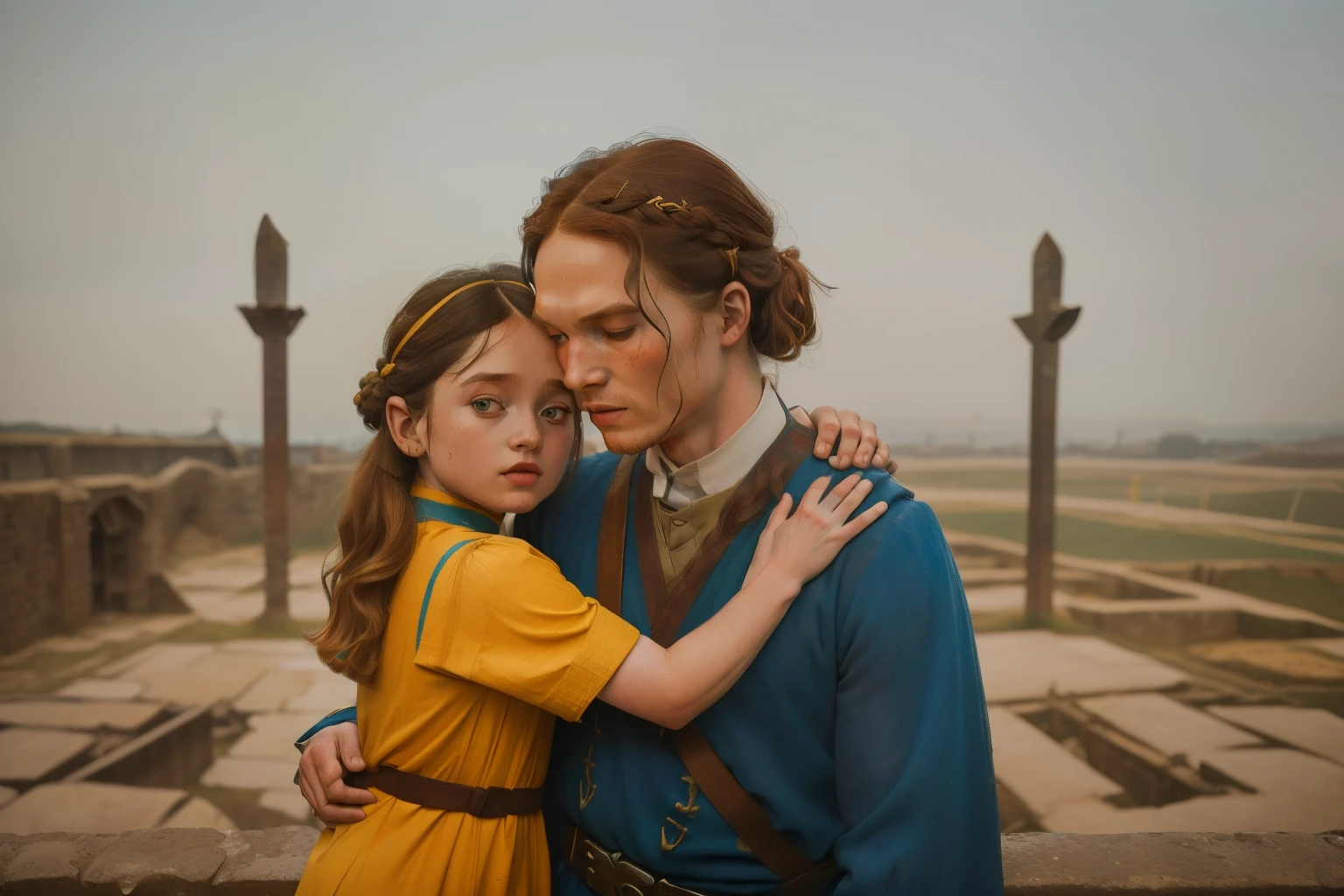 1135, England. otherworldly scene with an outside a construction site, ((((39-year-old)) Sam Heughan), hugging a 7--old ghter, look of relief, ((((poor tunic from the 12th century)))), ((Hairstyle of the 12th century)), ((Wes Anderson cinematic style)), colorful