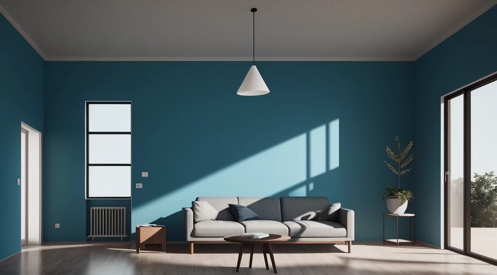 A studio with minimal furniture and no one around, only one vase, a drawing, and a drawer, Without sofa. The walls are painted blue diamond color。 The overall color of the room  consistent. Without any direct sunlight or light effects. Labels: A vase, a drawing, drawer, Minimal furniture,, monotone color scheme, Without sunlight, There  no light. Viewed from the perspective of a person parallel to the wall in front of the camera, Background with