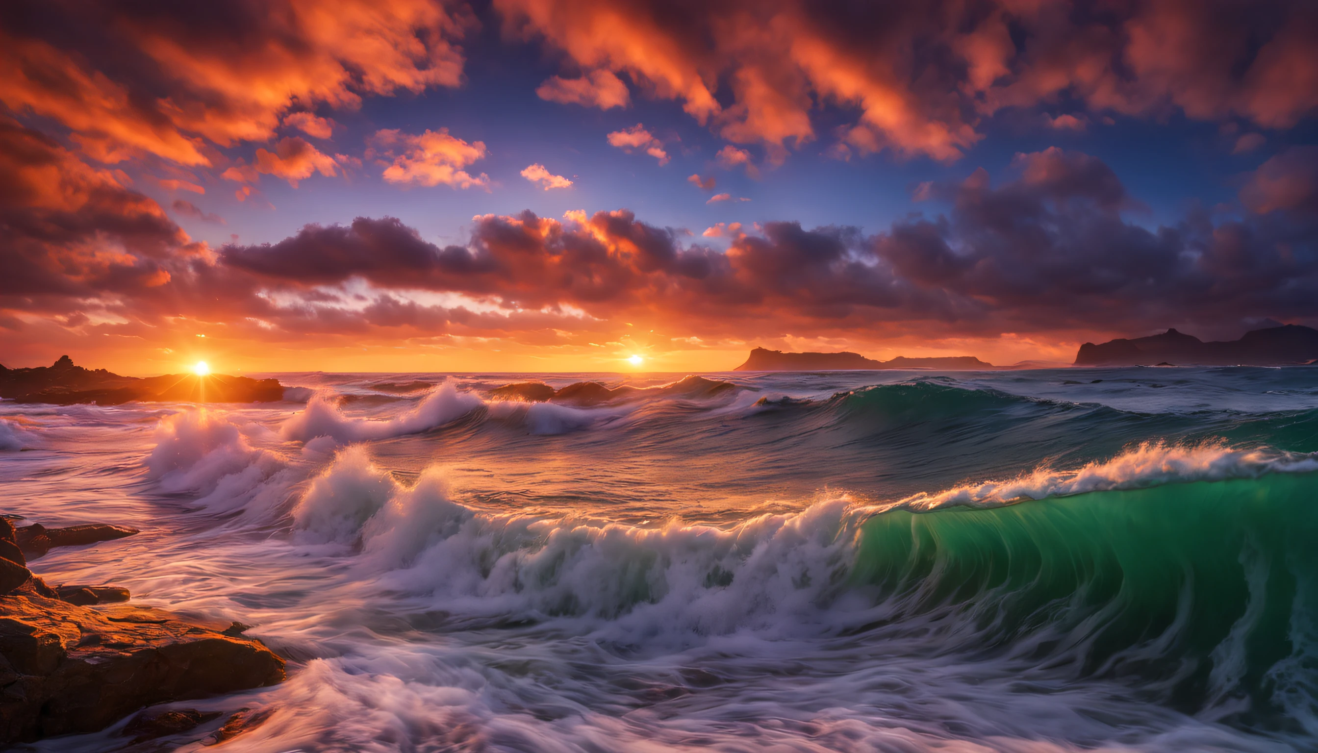 arafed view of a sunset over the ocean with waves crashing, chaotic sea setting, vibrant sunrise, breathtaking colors, breathtaking look, vibrant sunset, breathtaking composition, beautiful sea landscapes, stunning sunset, magnificent background, sunset glow, beautiful background, beautiful dreamy breathtaking, marc adamus, warm beautiful scene, epic sunset, beautiful sunset, beautiful sunset glow, beautiful ocean