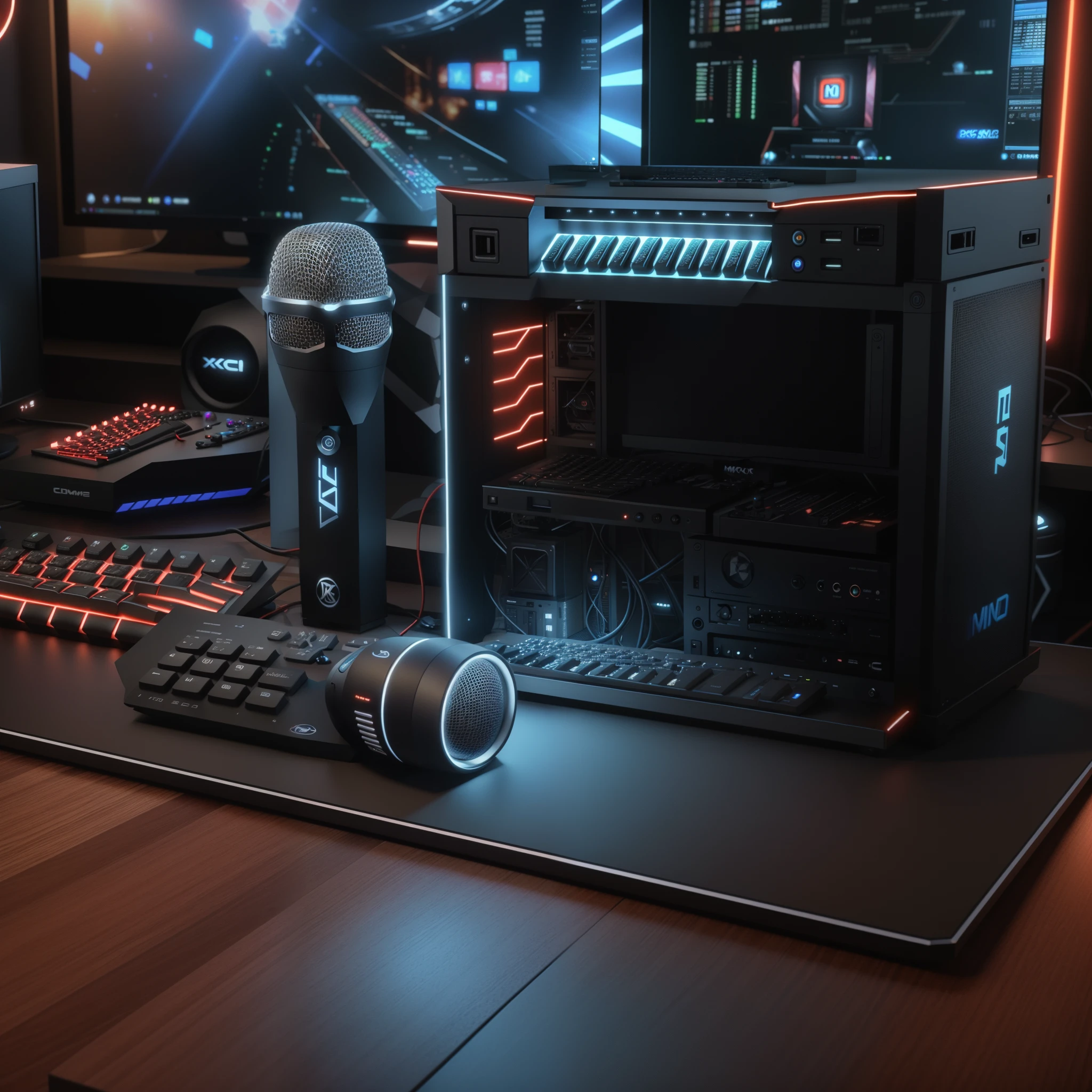 There  a microphone and keyboard on the table, 8K computer rendering, computer render, leadership game, pc game, detailed wide shot, gaming pc, 8k CG rendering, 3D product rendering, personal computers, studio photoshoot, gaming pc, 3d 8k render, Capture 3D renderings in your game, 3d computer render