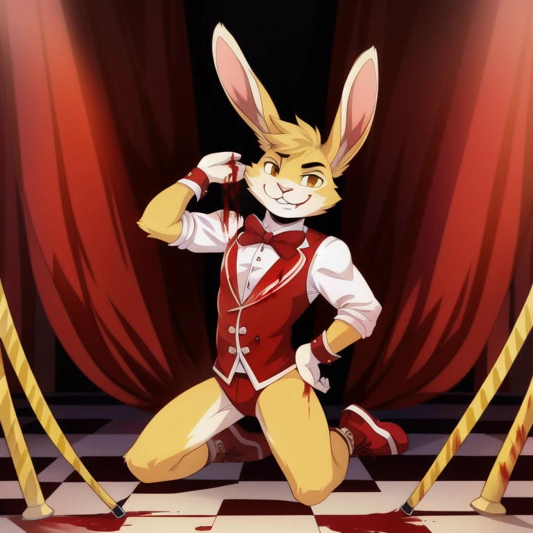 solo, male, rabbit, yellow colored fur, lean body, anthropomorphic rabbit, ring leader, came, unpleasant psychopathic smile, bonesaw in hand, vintage circus ringleader clothes, blood on floor,