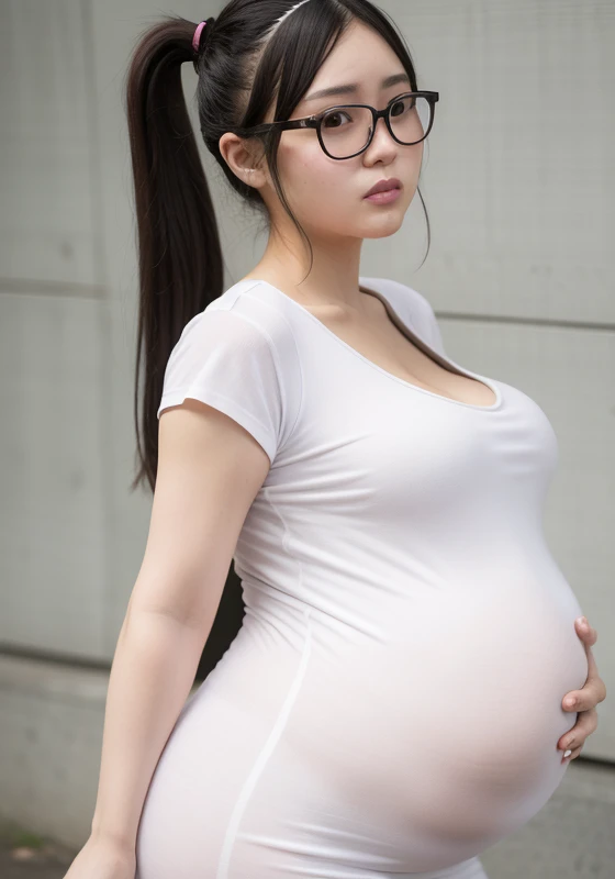 Maximum fetal mass during pregnancy, azami, Pregnant belly big, big pregnant girl, The biggest belly of pregnant women, Beutiful women, Nice face, be pregnant, Long gray hair, black hair color hair, actual, ultra - detailed, Bigchest,collar shirt,white shirt,The shirt,well dressed,agony,cold sweat,Expression of discomfort,the street,eye glass,Half-rimmed glasses,eye glass,pony tails