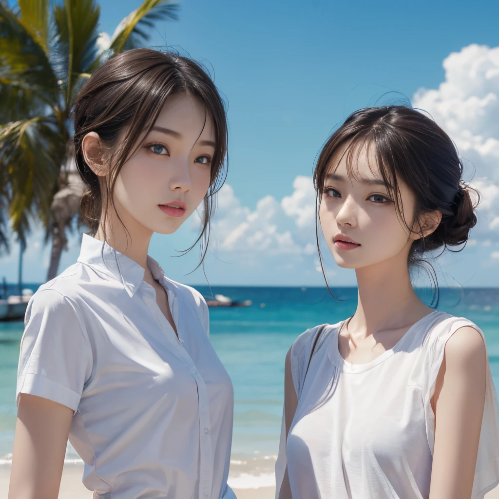 masterpiece、Two beautiful girls、A detailed eye、超A high resolution(reality:1.4)very extremely beautiful, Beautiful skins, A slender,skinny body、being thin、 Forward-facing body, (A hyper-realistic), (hight resolution), (8K), (ighly detailed), (ultra-detailliert), 详细的脸,、twinsies、A beautiful square with blue sky、torso、tight white shirt