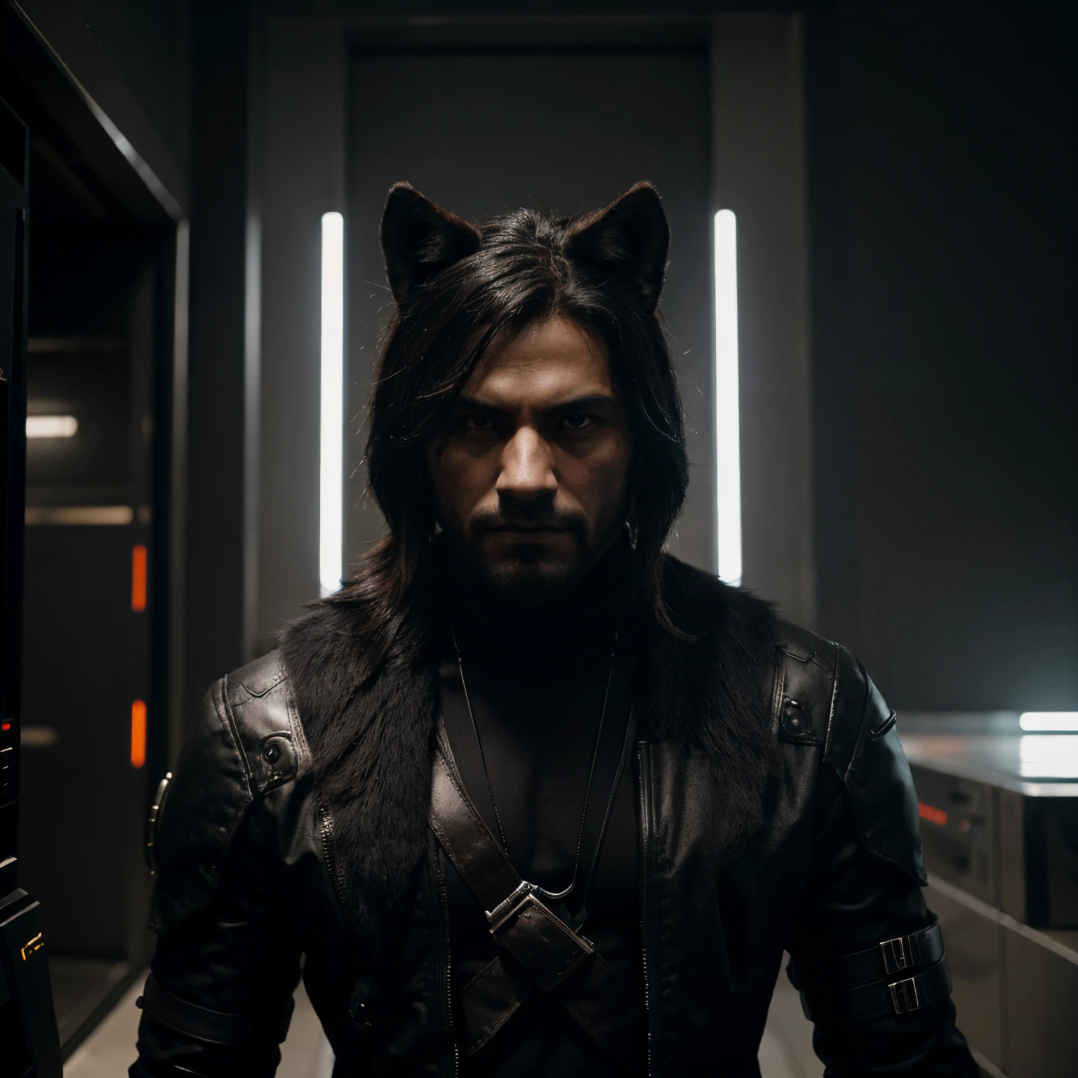 (Homem de terno preto e gravata)tira、anthropomorphic wolf man、cyberpunk