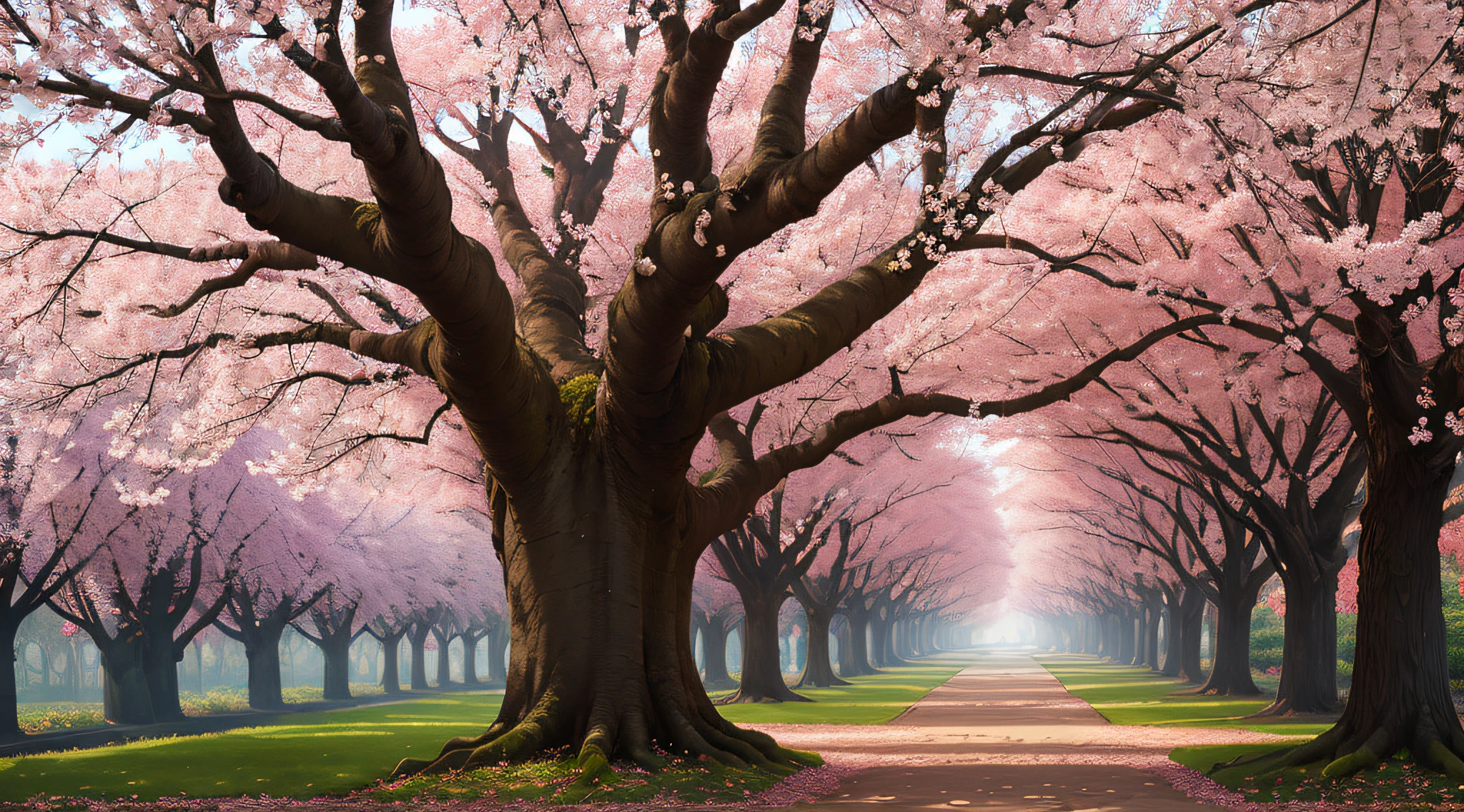 a ((naked woman:1.6)), aetstationhd, pixivs, thicc, anya forger, excited, smiling, running in the park, soft!!, very pale, around 20 years old, belle, the walls are pink, beautiful long blonde hair, cobalt blue eyes, instagram model, asset store, perfect skin, lots of cherry blossom trees with pink and red cherry blossoms, ((Cherry blossom flowers falling from the trees:1.6))., ((full body view:1.8))