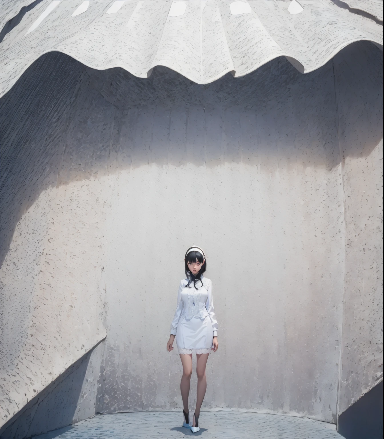 masterpiece, best quality, best illustration, HDR, beautiful details, intricate details, detailed scenery, dramatic light, best shadow, (full body), Yor_Briar, 1girl, twintails, sidelocks, black hair, white hairband, thighs, black high heels, ((intricate white lace lingerie)), (detailed beautiful eyes)