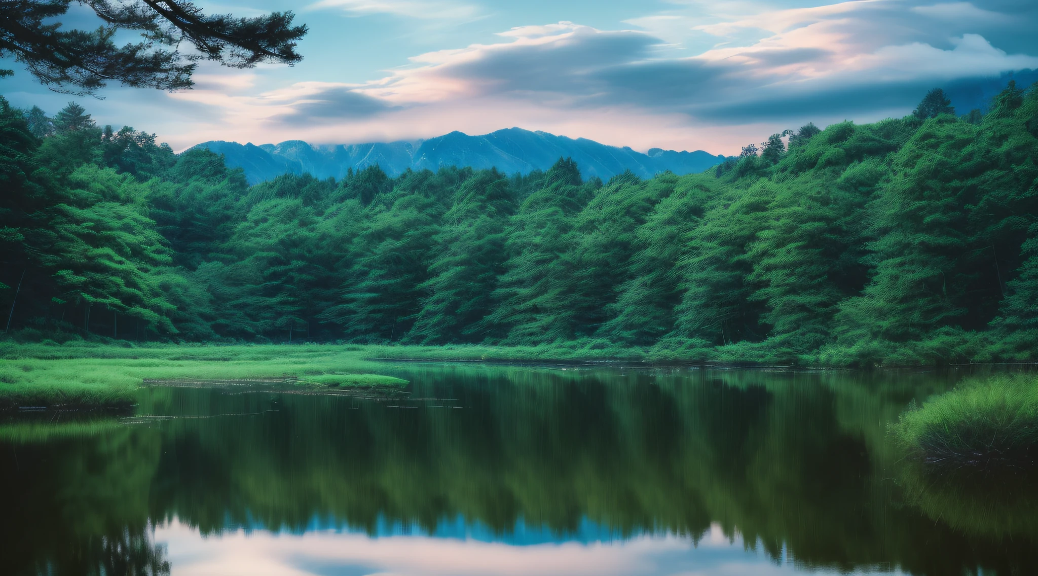 Wallpapers， 夏天， lake， Zori， at a forest， ​​clouds， Dawn background， depth of fields， High definition details， hyper-detailing， 电影灯光， Soft lighting， Deep field focus bokeh， ray traycing， diffused （Ultrafine Glass Reflection） and real feelings. --v6