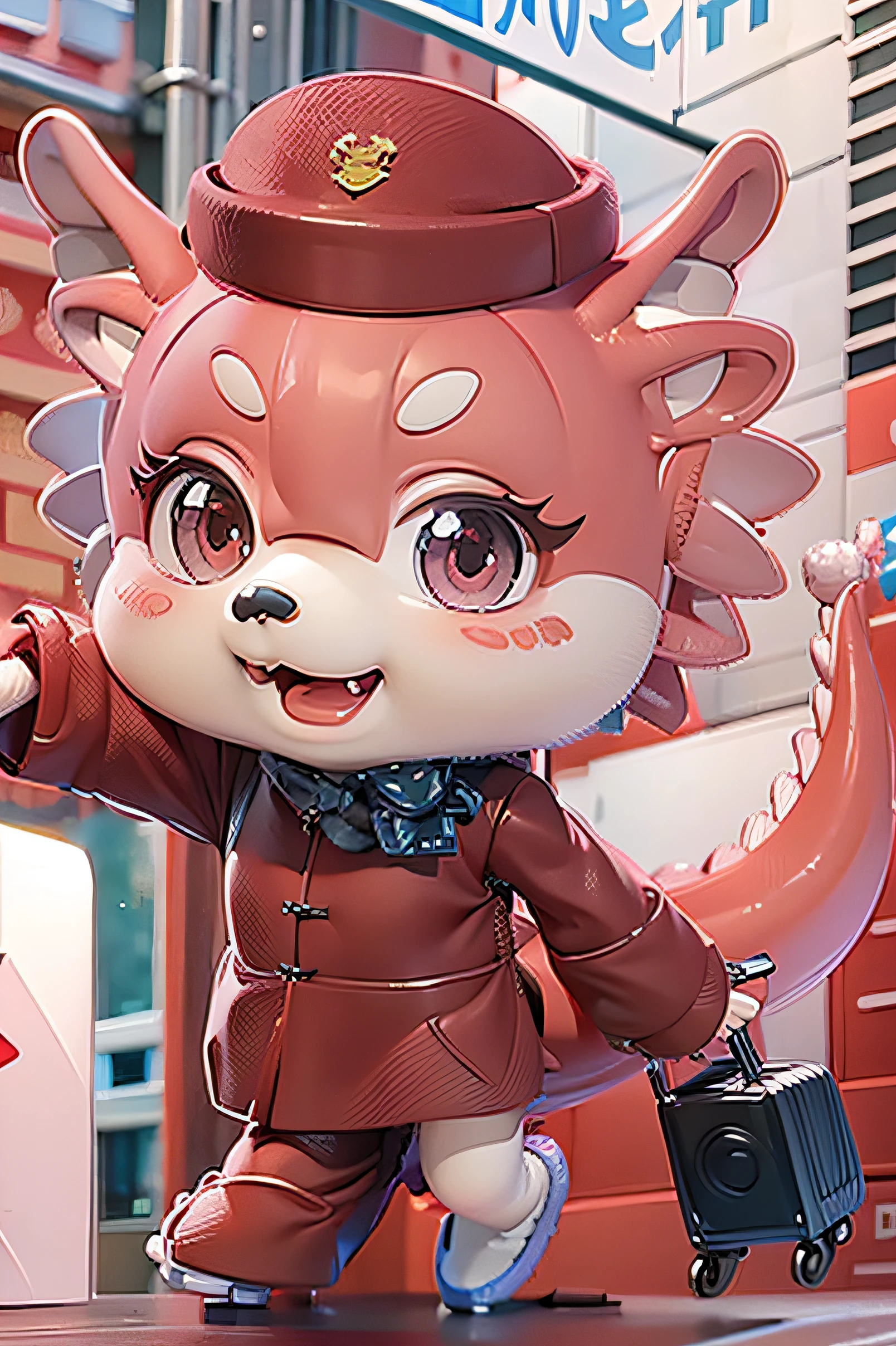 Cute Chinese dragon image,3d effect,Blind box textures,pink face,Tail's,Wear this red one,mid-air,Holding the suitcase,