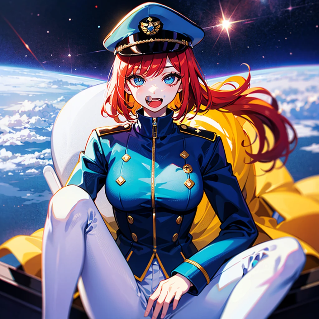 (((masterpiece)))、(((Top image quality)))、(((top-quality)))、(Illustration of one girl)、full bodyesbian、25-years old、Red-haired shorthair、(Thin hair hanging down both sides of the face)、Blue eyes、((Tall))、((Muscular and strong body))、((manspreading))、opening legs、((Military uniforms))、((Military Cap))、((Military coat))、(white clothes)、(White pants)、(White cap)、trench coat、((Inside the spaceship、Sitting in the captain's seat))、(Outside the window、kosmos、Earth seen from space、Spaceport)