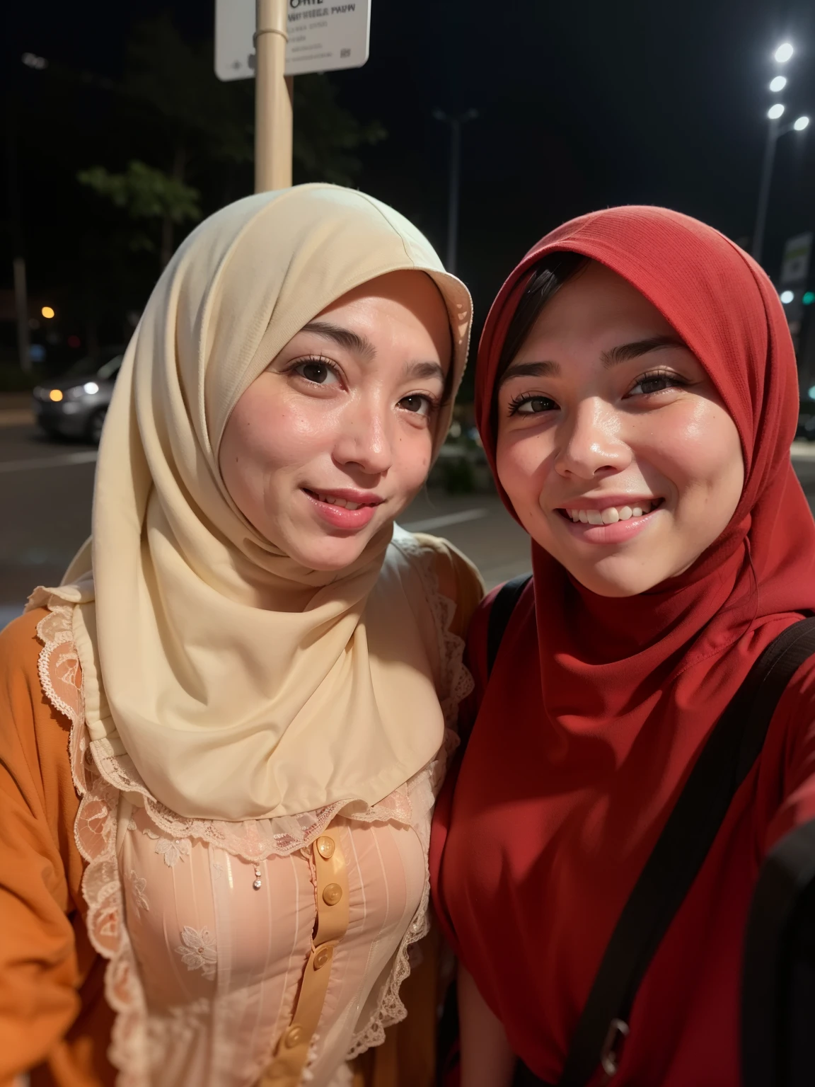 two free hair women are smiling for the camera, malaysian, at night, taken in the night, at sunrise, with her long, night!, both smiling for the camera, during night, picture, taken with canon eos 5 d mark iv, taken at golden hour, selfie photo, at twilight, at night time, happy friend, photo taken at night