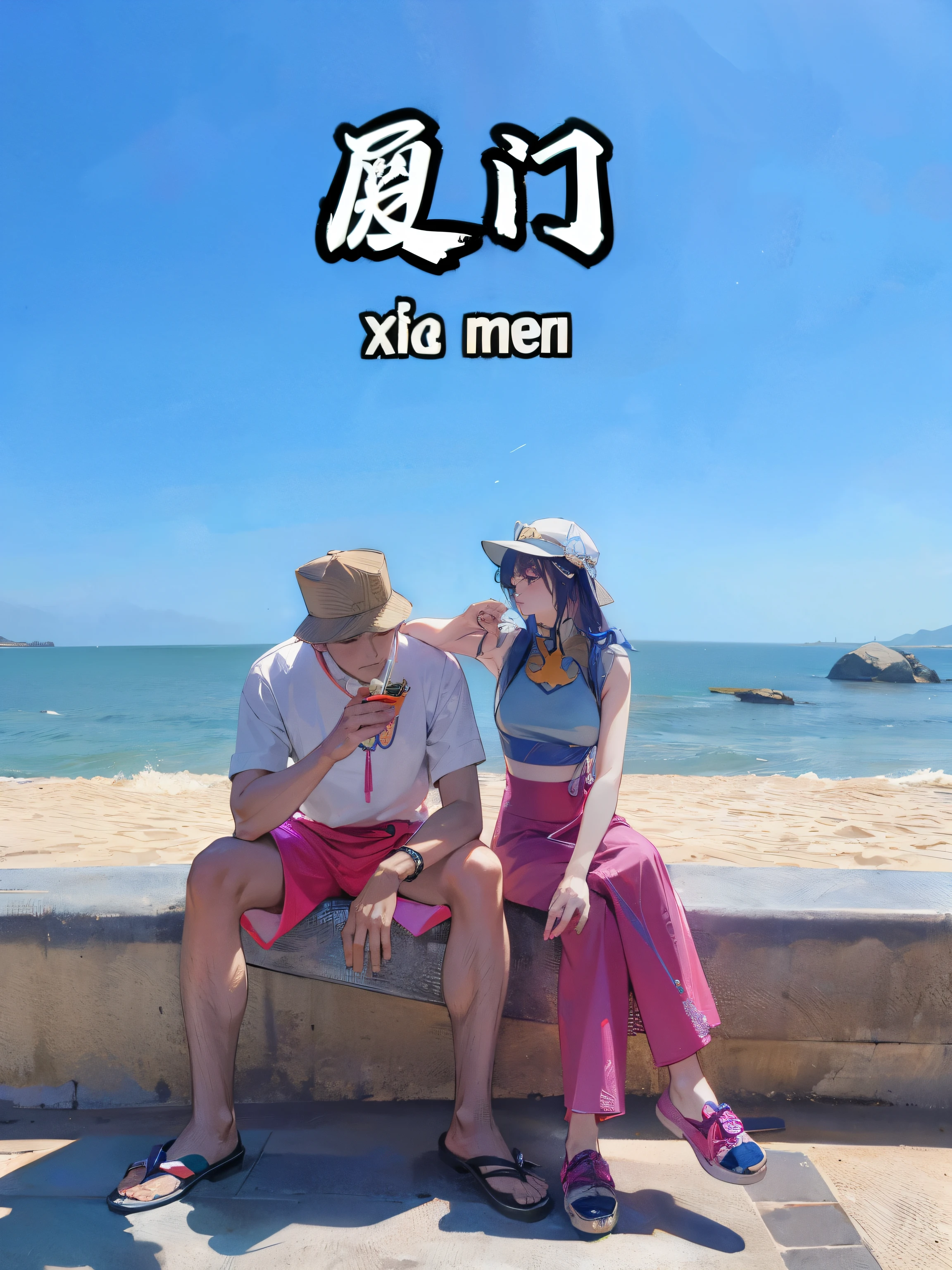 A man and a woman are sitting on a bench by the beach, sha xi, Momomo, Zhongyuan Universe, cai xukun, Husband and wife, jia, Height 165 cm, 千 葉 雄 大, Height 155 cm, full body xianxia, 💣 💥, 19xx year, xigang