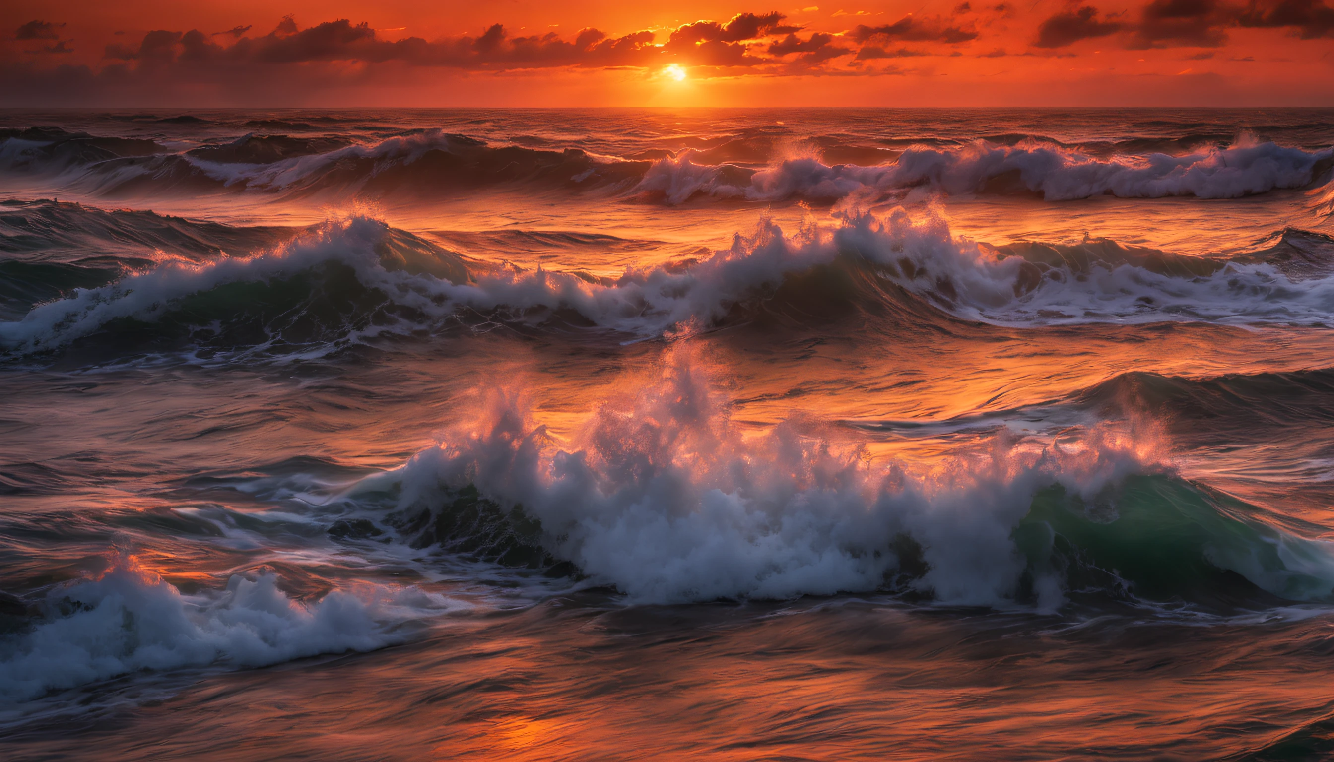 arafed view of a sunset over the ocean with waves crashing, chaotic sea setting, vibrant sunrise, breathtaking colors, breathtaking look, vibrant sunset, breathtaking composition, beautiful sea landscapes, stunning sunset, magnificent background, sunset glow, beautiful background, beautiful dreamy breathtaking, marc adamus, warm beautiful scene, epic sunset, beautiful sunset, beautiful sunset glow, beautiful ocean