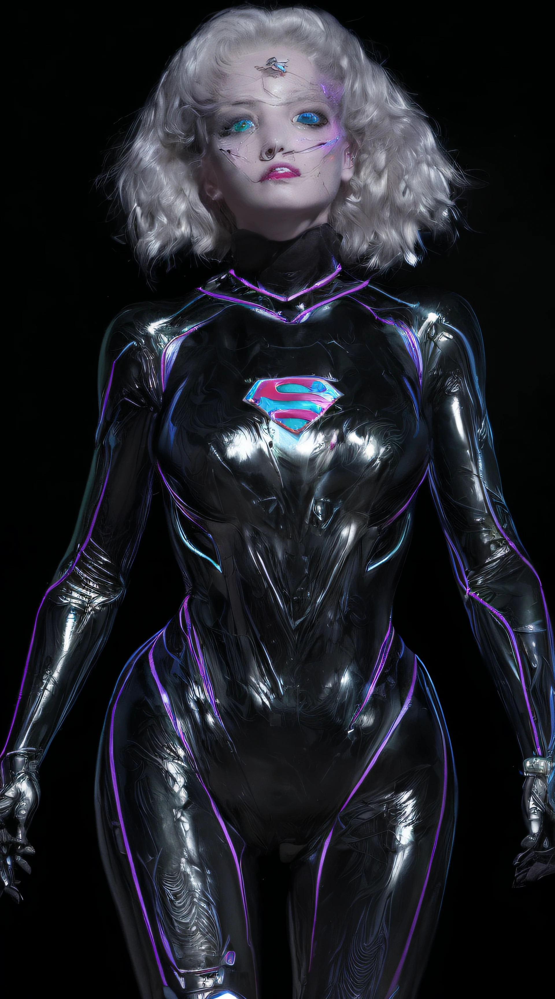 Medium shot , Rendering style, centered image, Erica Durance (Erica Durance) Super detailed illustrations drawn, (tetrachromatic body, Ink punk, ink lines, Light particles, strong outline, Ms. Schiffer#39;s work, traces of boldness, avas, tight-fitting SuperGirl modern suit , cyber punk personage, G、Glowing skin, ((Ultra-realistic details))、Potrat、globalillumination、cel shadow、Octane number representation、8K、Super sharp、Luce de Boda de Caractel, plumw, big booty、Exposed skin at neckline、The city of fire at the end of the world, Composite decorative details、Transparent acrylic parts cover、Detailed introduction of Sumer hydraulic cylinder、Small LED light、very complex details、realistic raytraicing、purpura urijos Radiation、in front of camera、neon light detail, cyber punk personage ,Best quality、tmasterpiece、超高分辨率、(Forced:1.4)、RAW photos