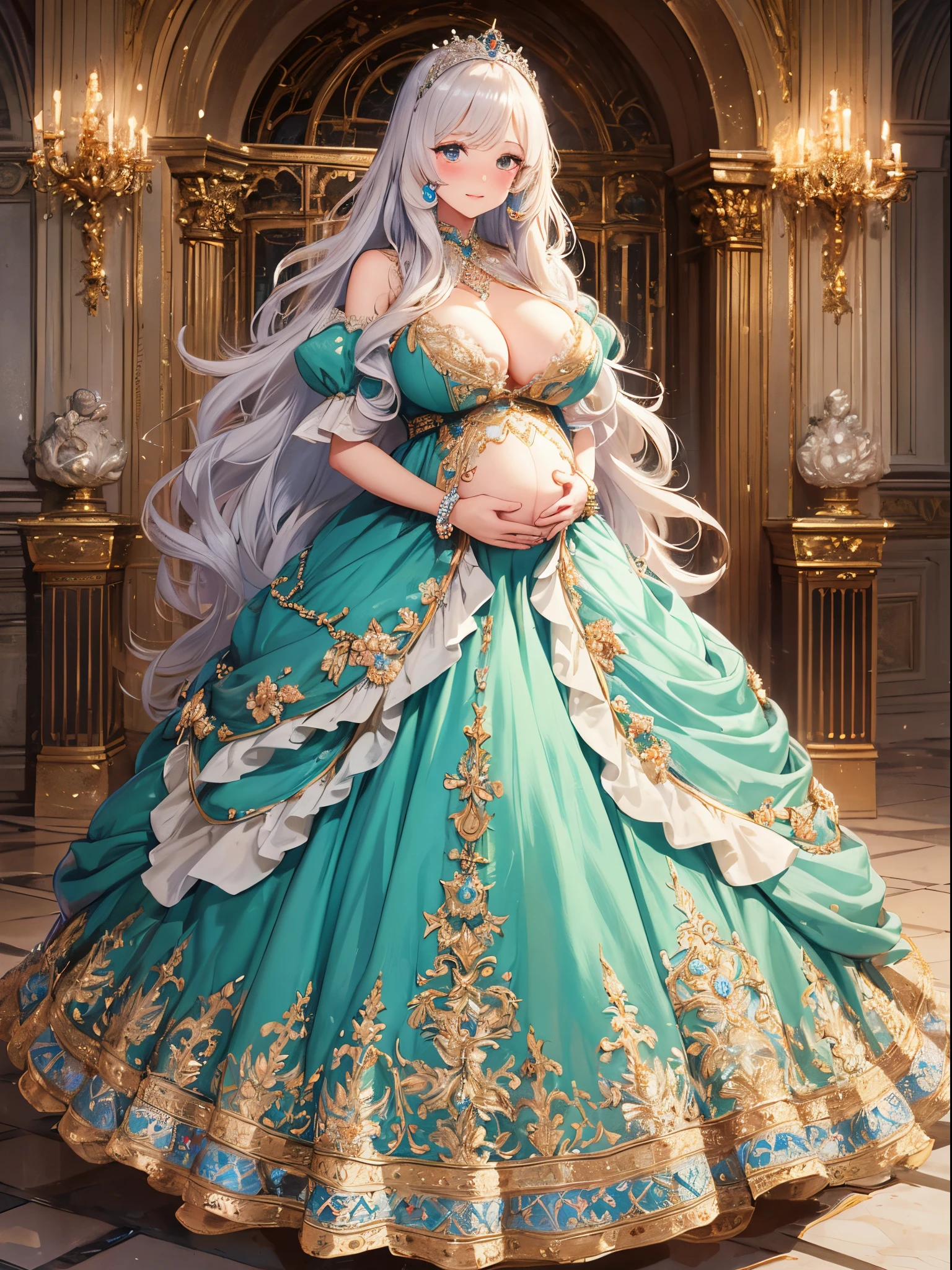 ultra-detailed, extremely detailed,((anime artstyle)),Masterpiece,(Best Quality),(Super Detail),(Very Delicate and Beautiful),((Solo)),((full body)),full body,((detailed face and eyes)),perfect eyes, rendered eyes,jewel-like beautiful eyes,((embarrassed,blush)),((1 pregnant princess in beautiful embroidery and jeweled gorgeous rococo ballgown with voluminous full length hoop skirt)),(((heavily pregnant))),((Crinoline,luxurious ruffles)),beautiful embroidery and jeweled gorgeous rococo ballgown with voluminous full length hoop skirt,(large amount of straight hair,extremely voluminous Very Long straight Hair,Absolutely Long Straight Hair),(((very gigantic boobs))),skindentation,Bursting breasts,cleavage,(fantasy castle,luxury palace),long_gloves,extremely gorgeousfull jeweled hair ornament,(bling-bling extremely gorgeousfull jeweled tiara),(luxurious jewelry),full body,beautiful embroidery and jeweled gorgeous rococo princess ballgown with voluminous full length hoop skirt