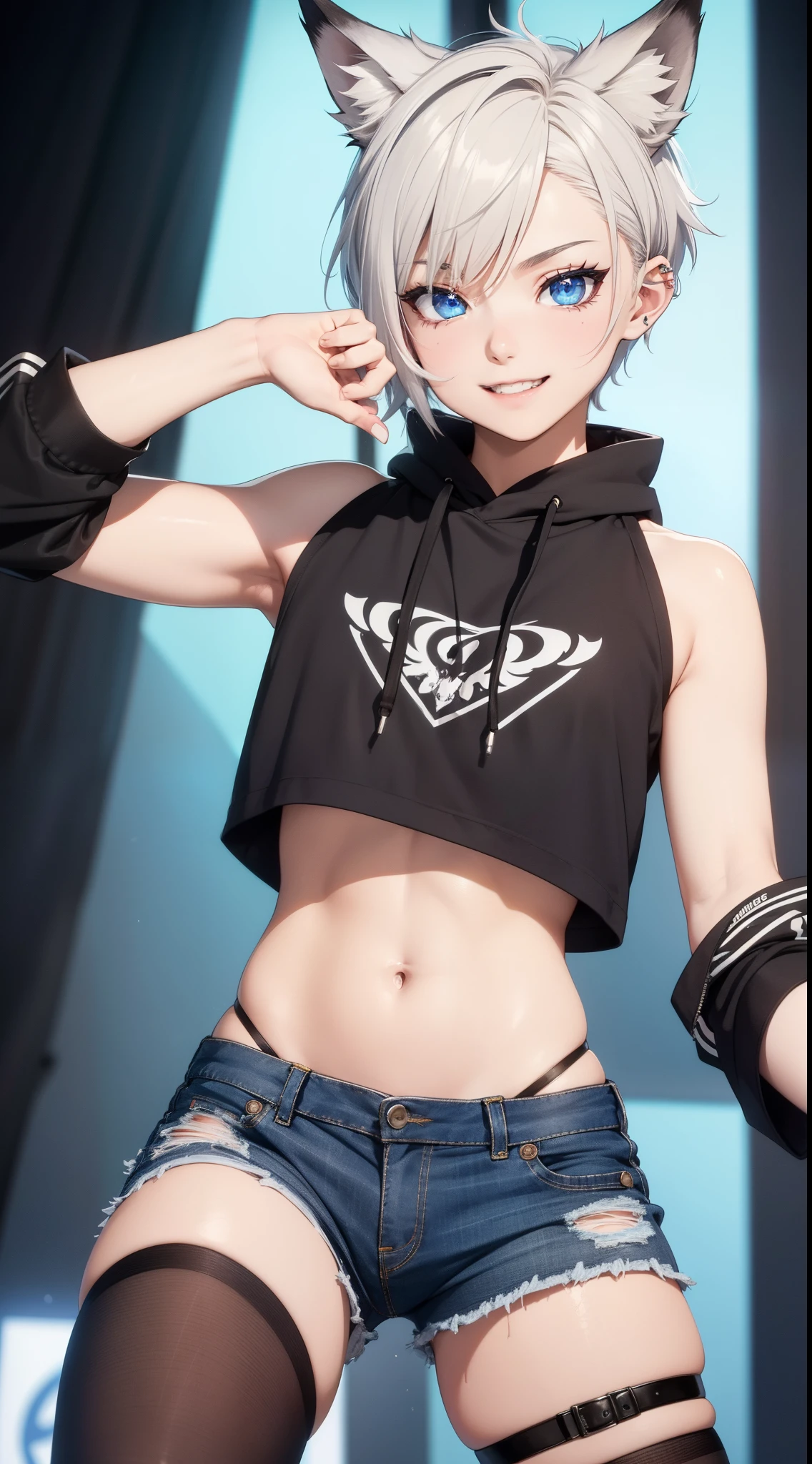 Masterpiece, wide smile, feminine boy with short (white hair), punk hair style, half shaved hair style, (horny face expression), has wolf ears, had wolf tail, action pose, wearing denim ripped shorts and a cropped black hoodie, (playing on electro guitar), thick thighs, wide hips, wearing thigh high socks, solo, alone, no wolves, showing belly, has glowing blue eyes, flat chest