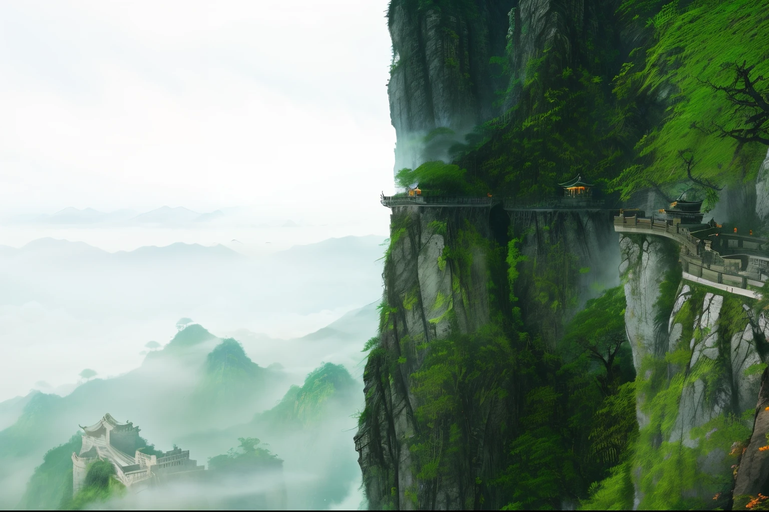 Cliff walkway, Chinese game CG, slope, mist, cloud, ancient palace, mountain shape, super detail, epic work, Ultra HD, high quality, official art, portrait wallpaper, mist in the valley, misty mountain fog background