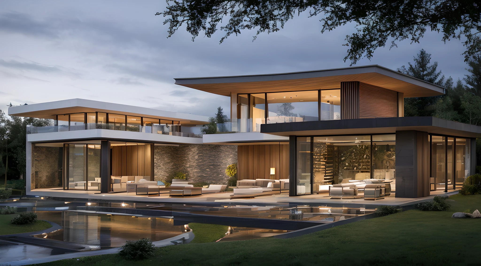 modern house, large yard, beautiful view, surrounding trees, one-story house, flat roof, large windows, wood materials, concrete and glass, glass railings, surrounded by trees, lawn , large sliding glass doors, large outdoor fireplace
sunset light, neutral colored lights, beautiful, cloudy sky, swimming pool in front of the house, landscape,plain terrain, RAW photo, subject, 8k uhd, dslr, soft lighting, high quality, film grain, Fujifilm XT3