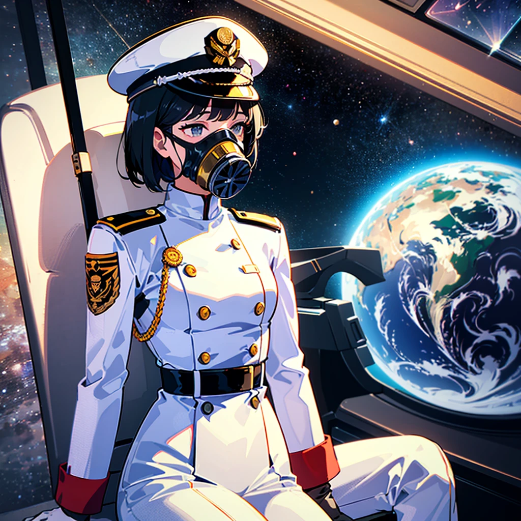 ((Masterpiece)), ((Highest Quality)), ((Best Quality)), (Illustration of One Girl), Full Body, Black Hair Bob Cut, (((Gas Mask Covering Face)), (Tall)), ((Military Uniform)), ((Army Uniform)), (Military Uniform)), (Military Hat)), ((Military Cap)), Army Coat, (White Clothes), (White Trousers), (White Hat), (Black Trench Coat), (((Inside the Spaceship)), ( Earth outside the window, in space, as seen from space)