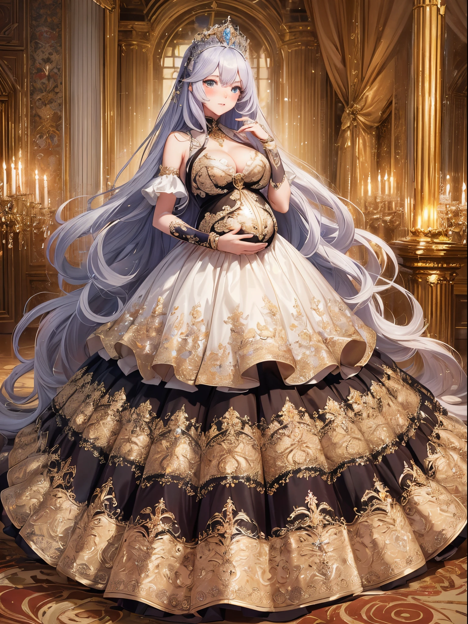 ultra-detailed, extremely detailed,((anime artstyle)),Masterpiece,(Best Quality),(Super Detail),(Very Delicate and Beautiful),((Solo)),((full body)),full body,((detailed face and eyes)),perfect eyes, rendered eyes,jewel-like beautiful eyes,((embarrassed,blush)),((1 pregnant princess in beautiful embroidery and jeweled gorgeous rococo ballgown with voluminous full length hoop skirt)),(((heavily pregnant))),((Crinoline,luxurious ruffles)),beautiful embroidery and jeweled gorgeous rococo ballgown with voluminous full length hoop skirt,(large amount of straight hair,extremely voluminous Very Long straight Hair,Absolutely Long Straight Hair),(((very gigantic boobs))),skindentation,Bursting breasts,cleavage,(fantasy castle,luxury palace),long_gloves,extremely gorgeousfull jeweled hair ornament,(bling-bling extremely gorgeousfull jeweled tiara),(luxurious jewelry),full body,beautiful embroidery and jeweled gorgeous rococo princess ballgown with voluminous full length hoop skirt