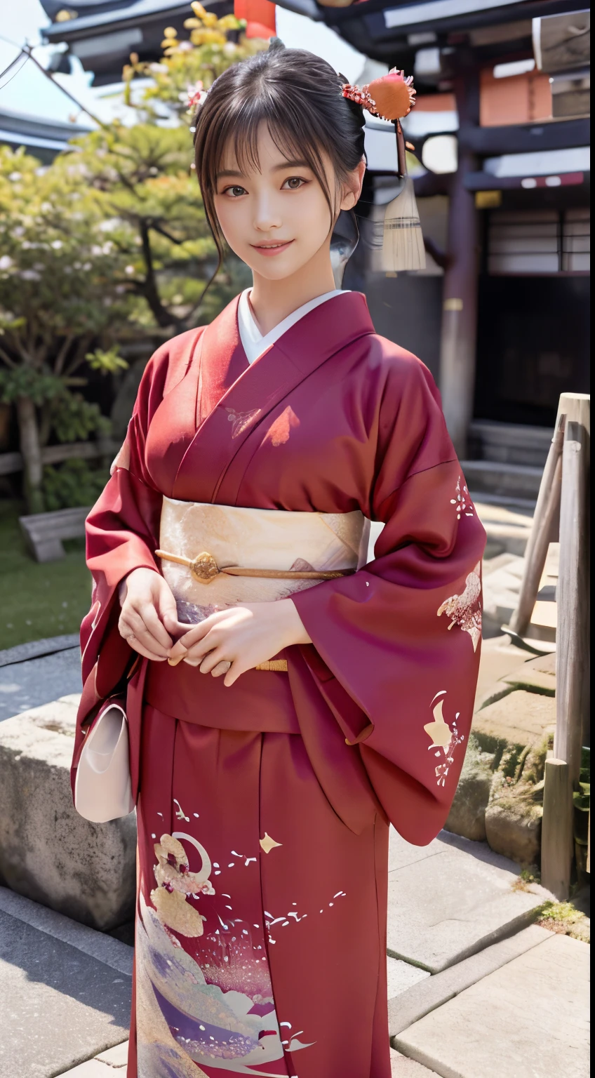 (Red kimono:1.2)、(Kyo-Yuzen:1.2)、(Floral pattern in Japanese style:1.0)、(Furisode:1.5)、(Japanese traditional classic pattern:1.2)、tabi、(top grade)、1人の女性、sixteen years old、full body Esbian、A dark-haired、(reallistic:1.7)、((Top image quality))、absurderes、(超A high resolution)、(Photorealsitic:1.6)、Photorealsitic、octane renderings、(hyper realisitic:1.2)、(photorealiscic face:1.2)、(8K)、(4K)、(​masterpiece)、(realistic skin textures)、(illustratio、Cinematographic lighting、wall-)、(beautidful eyes:1.2)、((((face perfect))))、(Cute face like an idol:1.2)、( Standing)、shrines、torii gate、(1 moon)、Detailed cute face、Realistic Beauty、A smile、