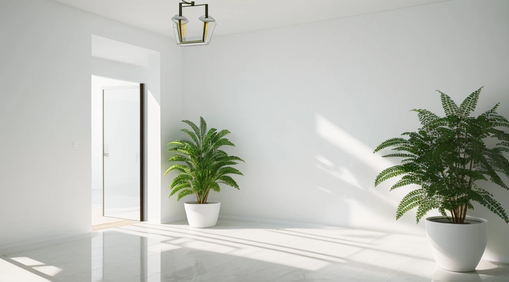 (Clean walls))),Close-up of the wall,)Large areas of white space,A pot of greenery.gentlesoftlighting,Viewed from the perspective of a person parallel to the wall in front of the camera,