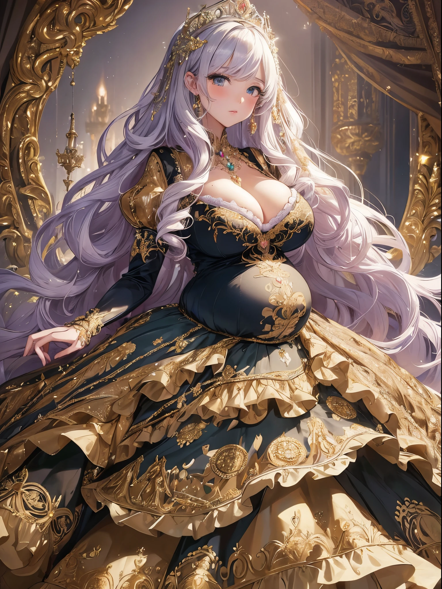 ultra-detailed, extremely detailed,((anime artstyle)),Masterpiece,(Best Quality),(Super Detail),(Very Delicate and Beautiful),((Solo)),((full body)),full body,((detailed face and eyes)),perfect eyes, rendered eyes,jewel-like beautiful eyes,((embarrassed,blush)),((1 pregnant princess in beautiful embroidery and jeweled gorgeous rococo ballgown with voluminous full length hoop skirt)),(((heavily pregnant))),((Crinoline,luxurious ruffles)),beautiful embroidery and jeweled gorgeous rococo ballgown with voluminous full length hoop skirt,(large amount of straight hair,extremely voluminous Very Long straight Hair,Absolutely Long Straight Hair),(((very gigantic boobs))),skindentation,Bursting breasts,cleavage,(fantasy castle,luxury palace),long_gloves,extremely gorgeousfull jeweled hair ornament,(bling-bling extremely gorgeousfull jeweled tiara),(luxurious jewelry),full body,beautiful embroidery and jeweled gorgeous rococo princess ballgown with voluminous full length hoop skirt