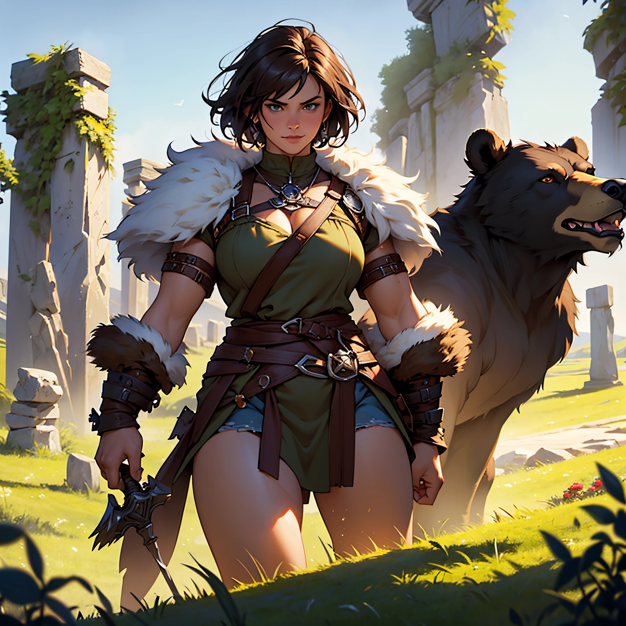 masterpiece, Best Quality, detailed, Cinematics, 4k, Background with: In front of Highland Stonehenge, Barbarian female druid wearing bearskin...(Brunette short hair), with the bear