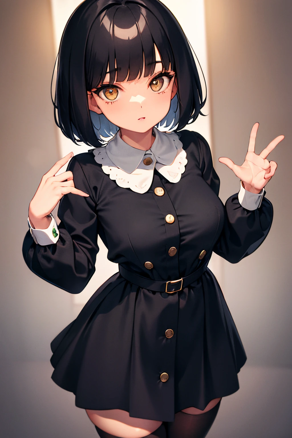 This girl has a short bob haircut with bangs. This hairstyle gives a cute and youthful impression. It also emphasizes the shape of her face and the size of her eyes. She is wearing a long-sleeved dress with a peter pan collar and three buttons down the front. The dress has a flared skirt and she is wearing tights and flats. This outfit creates a retro and classic atmosphere.