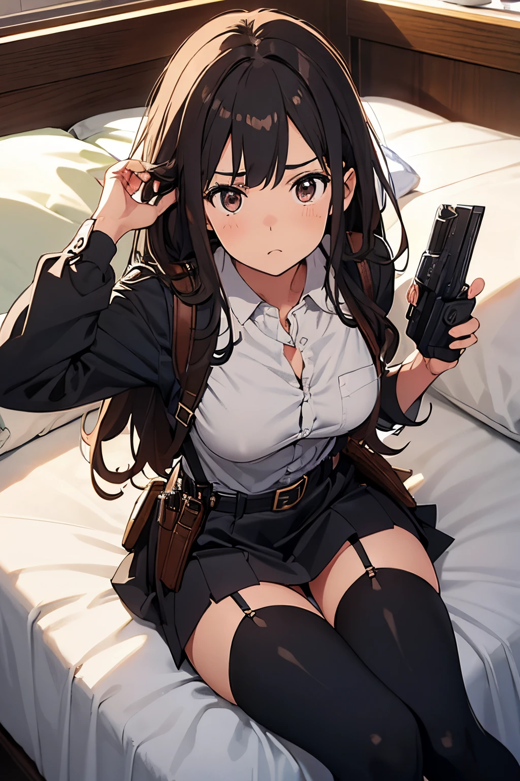 Brown hair、watching at viewers　　　black suspenders　　　Bulging big breasts　　 　 　　　walls: 　Black miniskirt　garters　　　　　　Gaze　　　Small face　bangss 　　　holster　　Belt Armament　Beautuful Women　srestrained　hands up　Lying in bed　Leg holster lying on the bed　　Gaze 　black boots panty shot