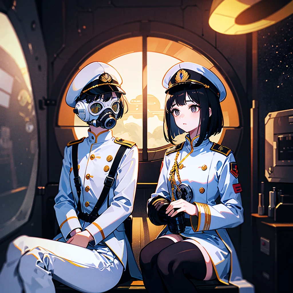 (((masterpiece)))、(((Top image quality)))、(((top-quality)))、(Illustration of one girl)、full bodyesbian、25-years old、(((Viceroy)))、Black hair bob cut、((Face covering gas mask))、Gray eyes、((Tall))、((Military uniforms))、((Military Cap))、((Military coat))、(white clothes)、(White pants)、(White cap)、trench coat、((Inside the spaceship、Sitting in the captain's seat))、(Outside the window、kosmos、Earth seen from space、Spaceport)
