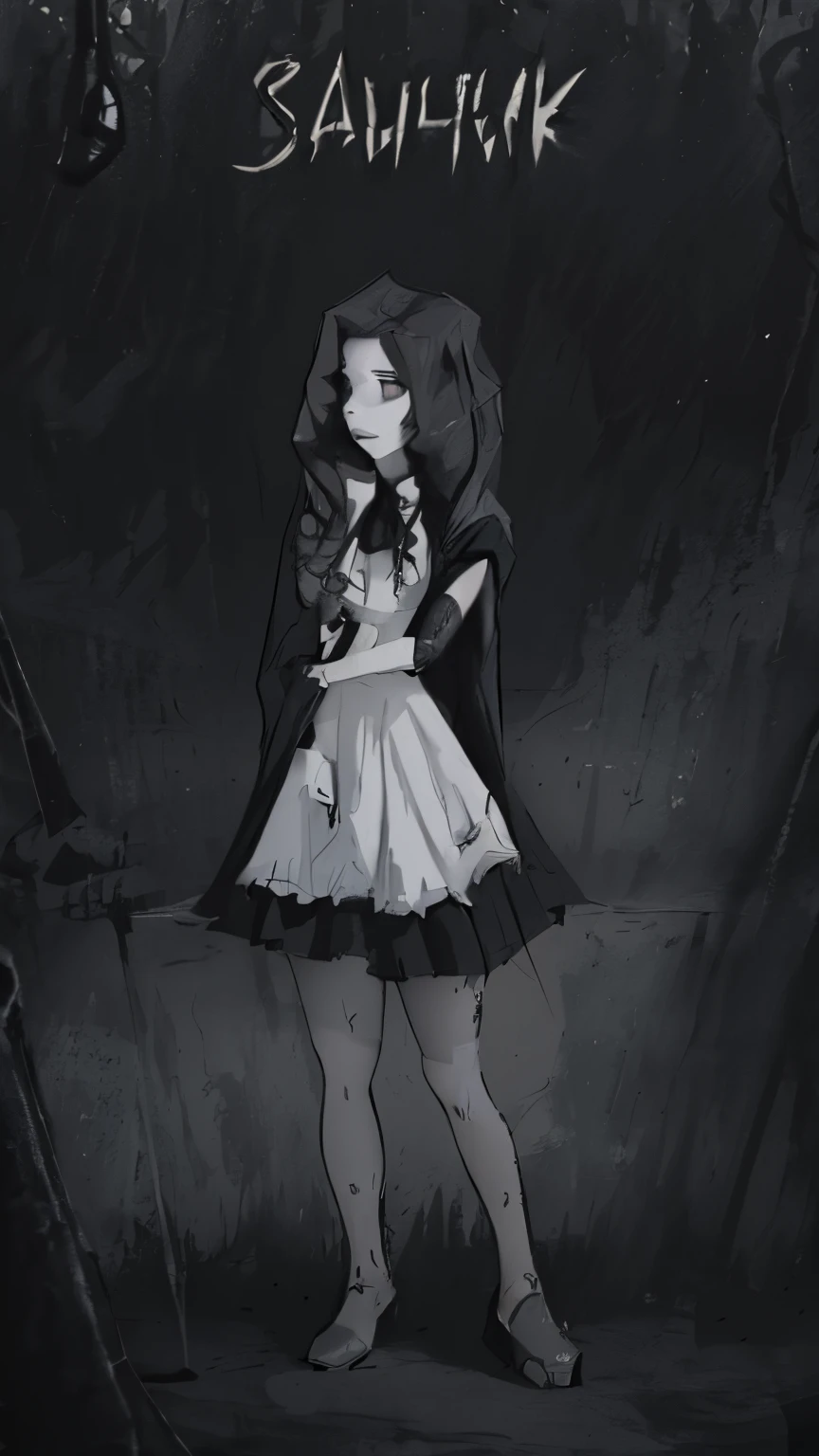 Drawing of a girl in a dress and cape, Gloomy style, pale young ghost girl, eerie and grim art style, Gothic maiden girl, Mostly Shades of Gray, dark high-contrast concept art, dark illustration, dark and gloomy, desaturated!!, Girl in a black dress, Grayscale,