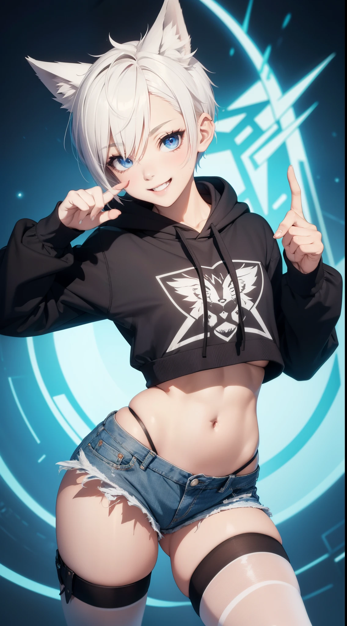 Masterpiece, wide smile, feminine boy with short (white hair), punk hair style, half shaved hair style, (horny face expression), has wolf ears, had wolf tail, action pose, wearing denim shorts and a cropped black hoodie, (playing on electro guitar), thick thighs, wide hips, wearing thigh high socks, solo, alone, no wolves, showing belly, has glowing blue eyes, flat chest