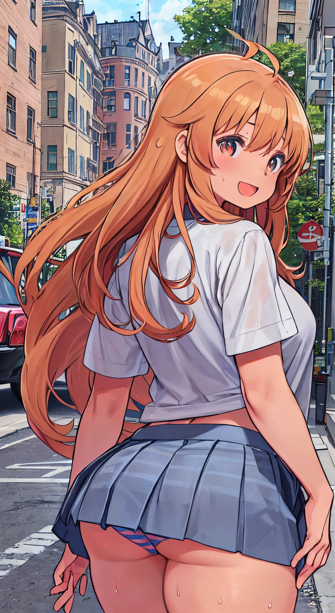 (( 1girl in)), NSFW、blush,(well-muscled)、Brown skin、Golden hair、the eyes are orange、(((Big big ass))、(((thick thighs)))、Sweat、:D、Long hair、((Unkempt hair))、School uniform、Red mini skirt、blues kajan、(Light blue striped panties)、In the street、((Panchira))、Kicking