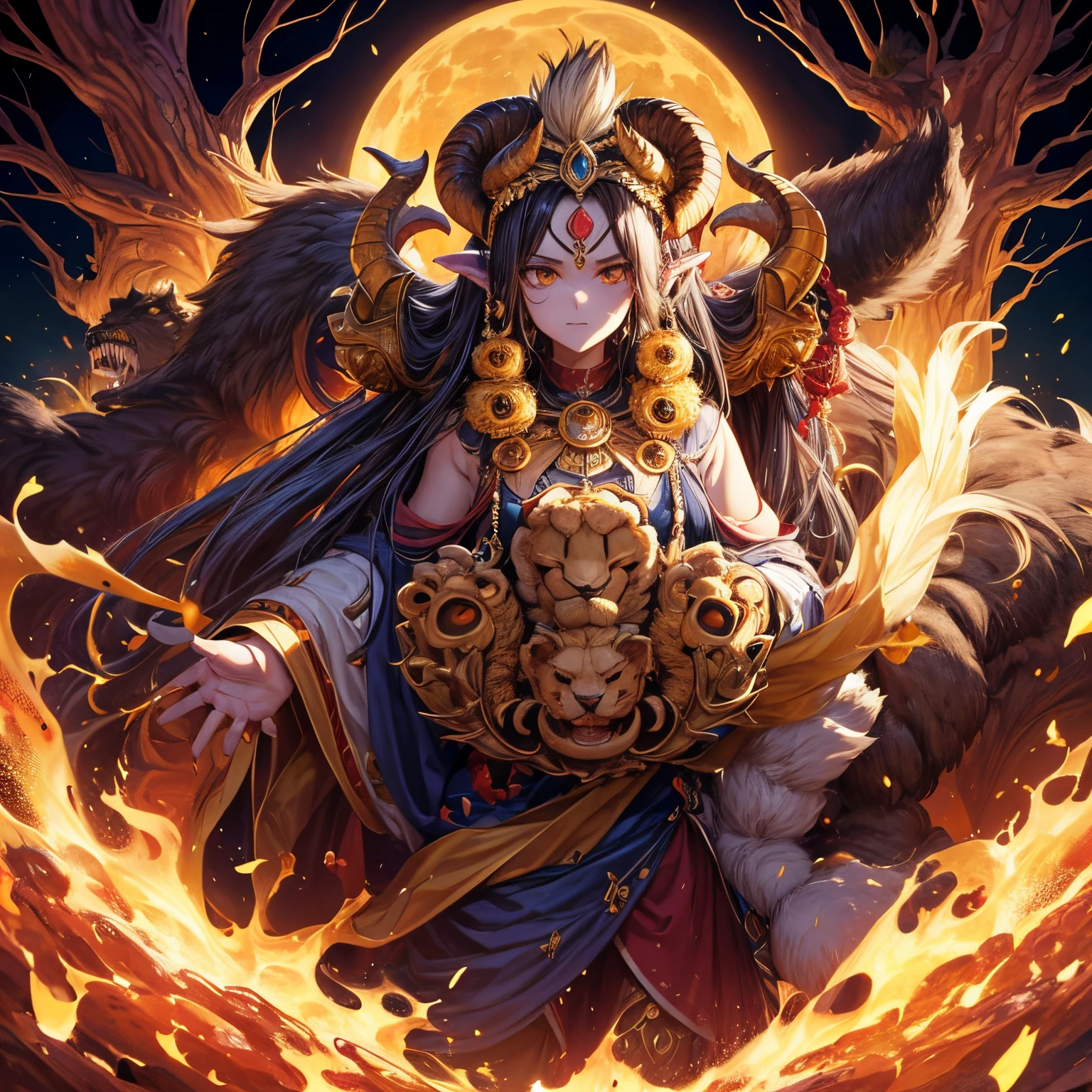 A single monster that has seven heads with the central head having two ram horns on its forehead, corpo de leopardo, he has bear paws and a lion's mouth, ele caminha ferozmente pelas areias do deserto