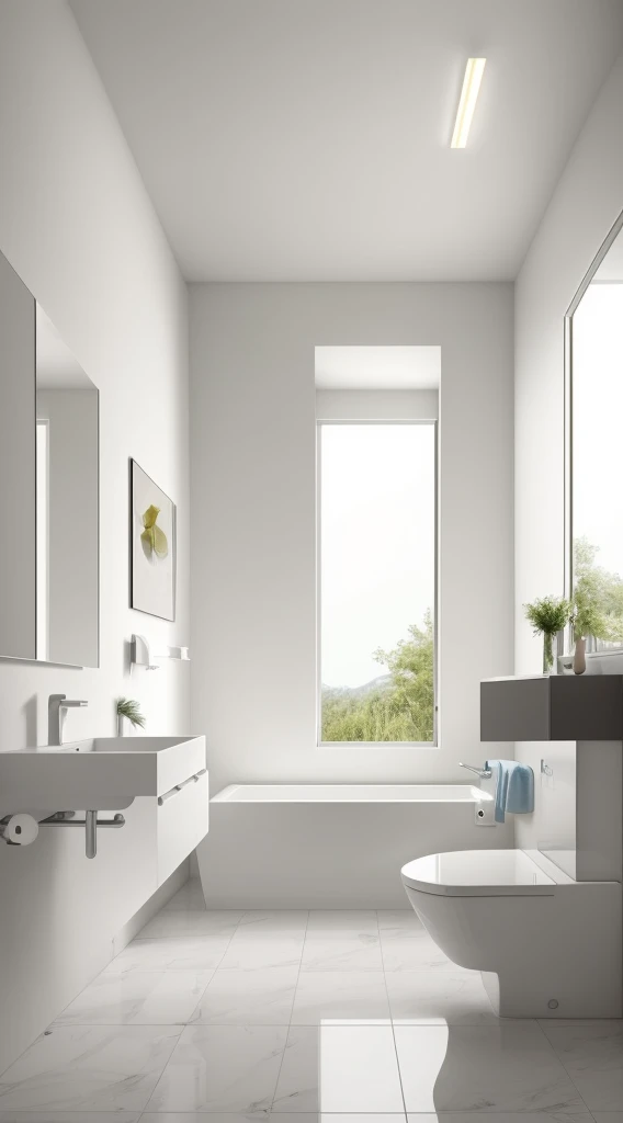 Oil color style bathroom scene，white solid background，loo，Wash the countertopodern décor， the ground，Faraway view，minimalistic background，Bright natural light，Bright and intense，The picture  bright，mid view